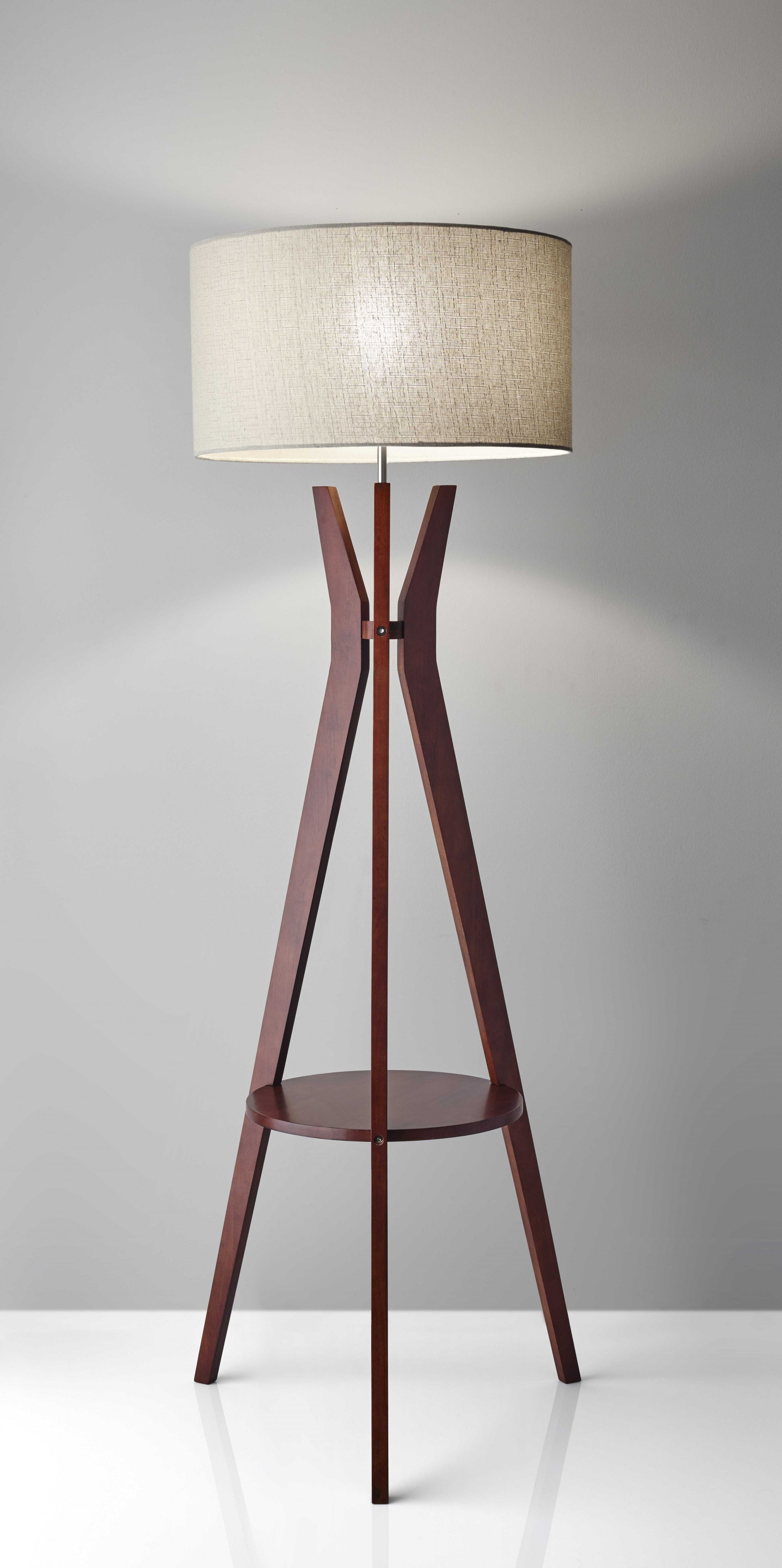 60" Brown And White Solid Wood Tripod Floor Lamp With White Fabric Drum Shade-Floor Lamps-DECOROLALA
