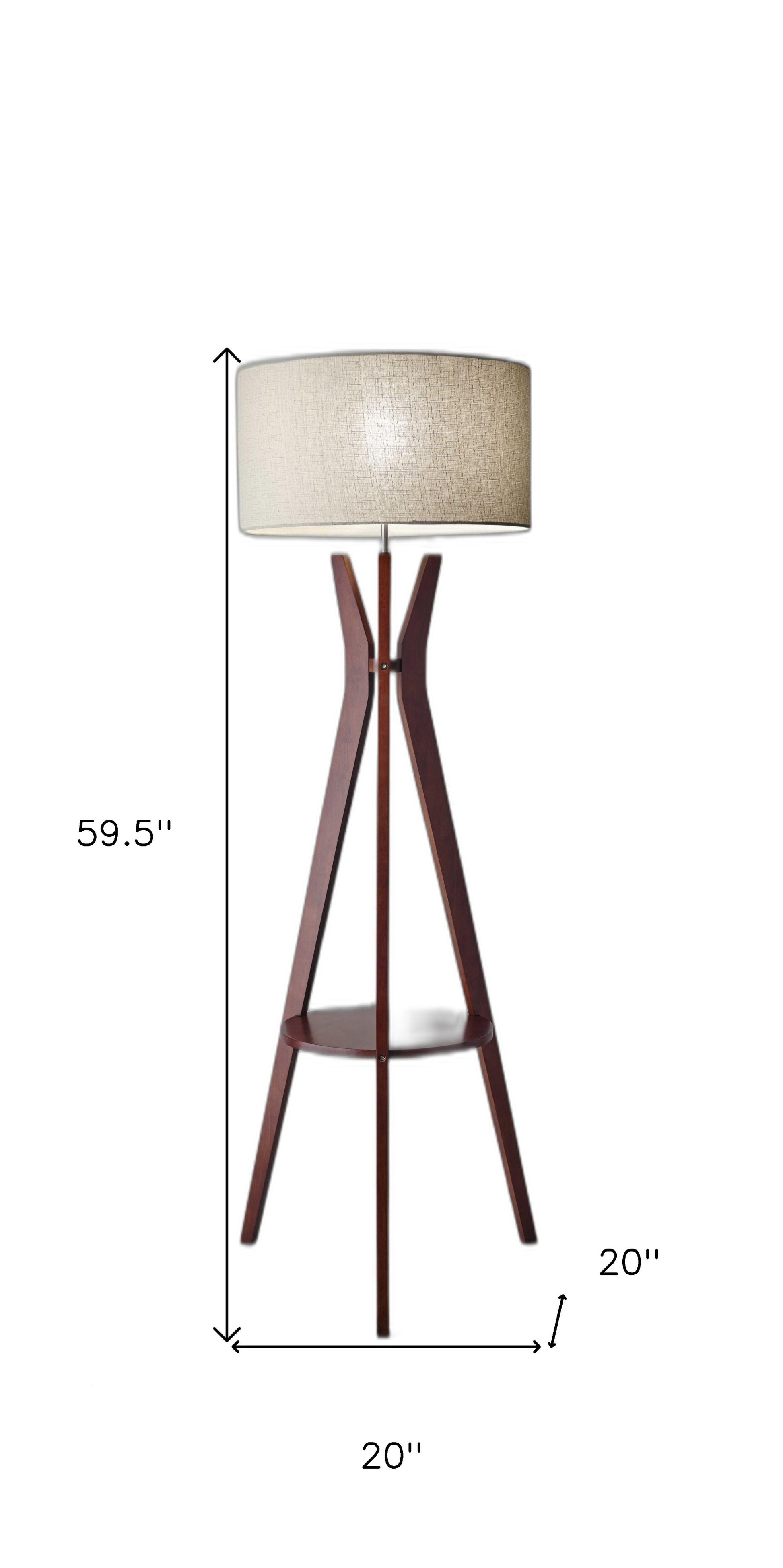 60" Brown And White Solid Wood Tripod Floor Lamp With White Fabric Drum Shade-Floor Lamps-DECOROLALA