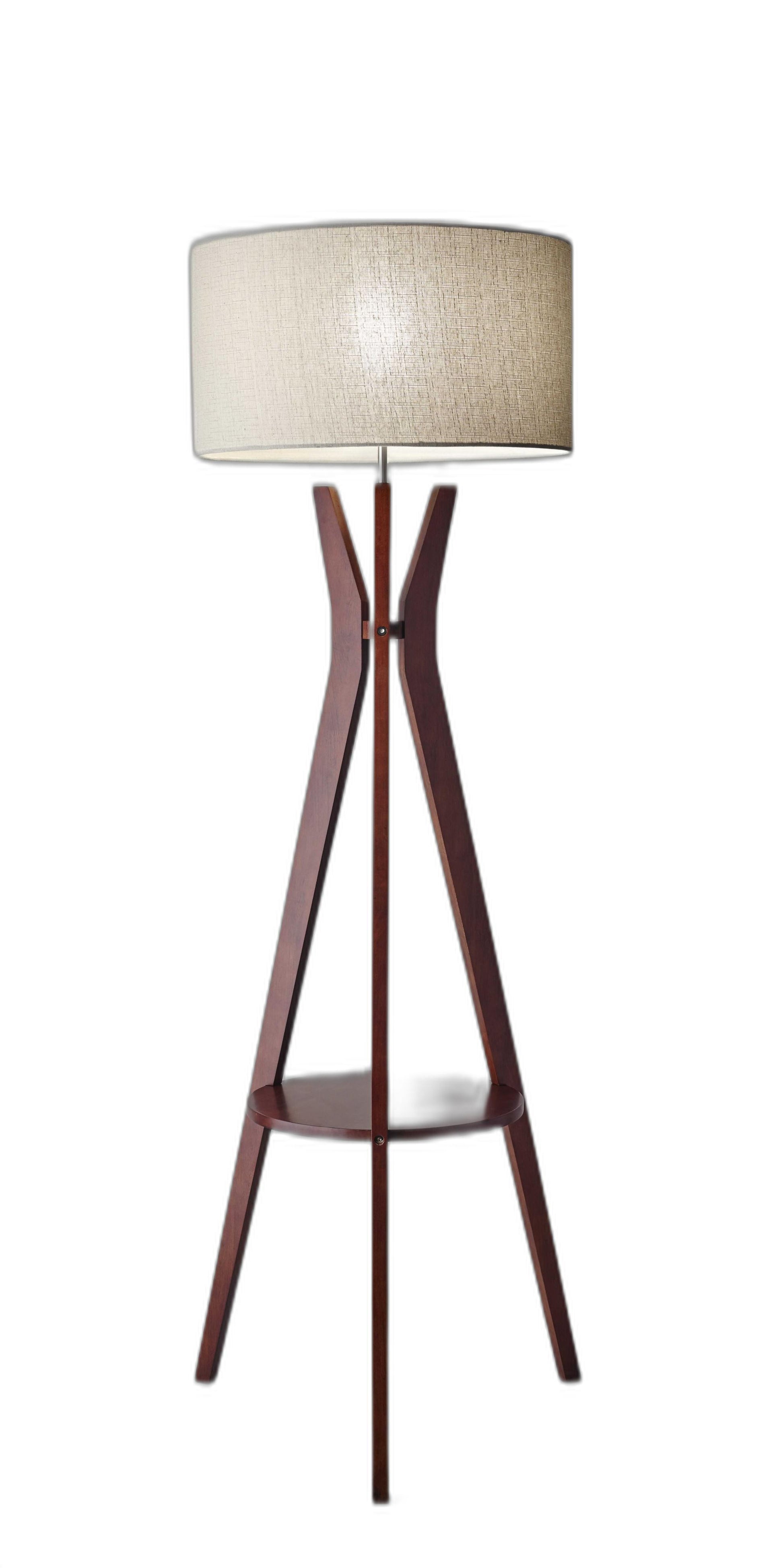 60" Brown And White Solid Wood Tripod Floor Lamp With White Fabric Drum Shade-Floor Lamps-DECOROLALA