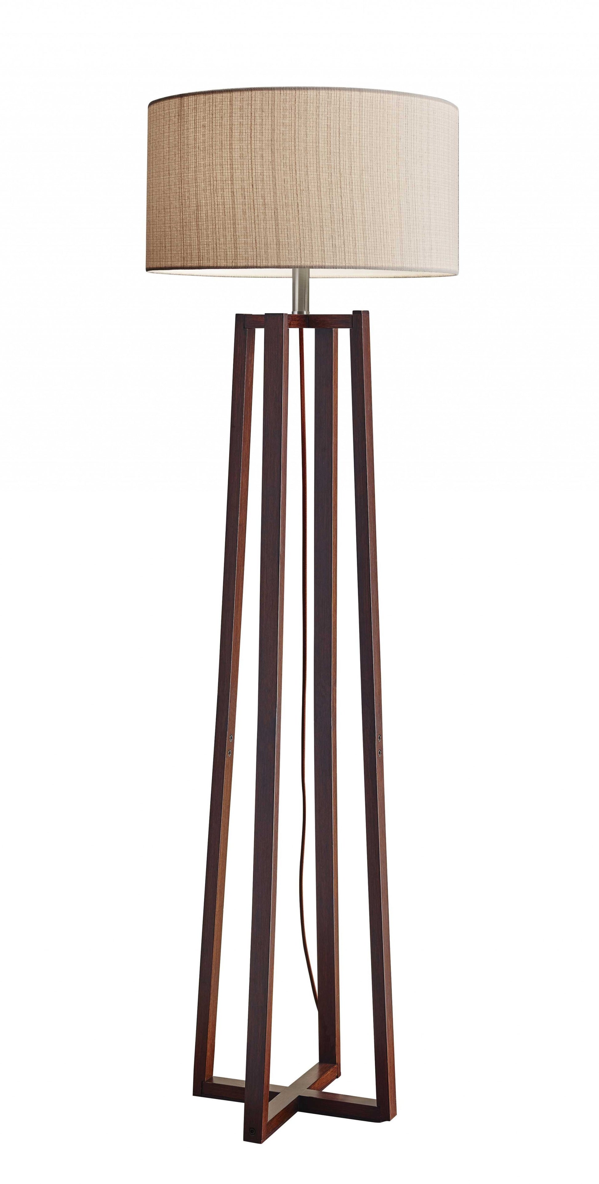 60" Brown Solid Wood Novelty Floor Lamp With Beige Fabric Drum Shade-Floor Lamps-DECOROLALA