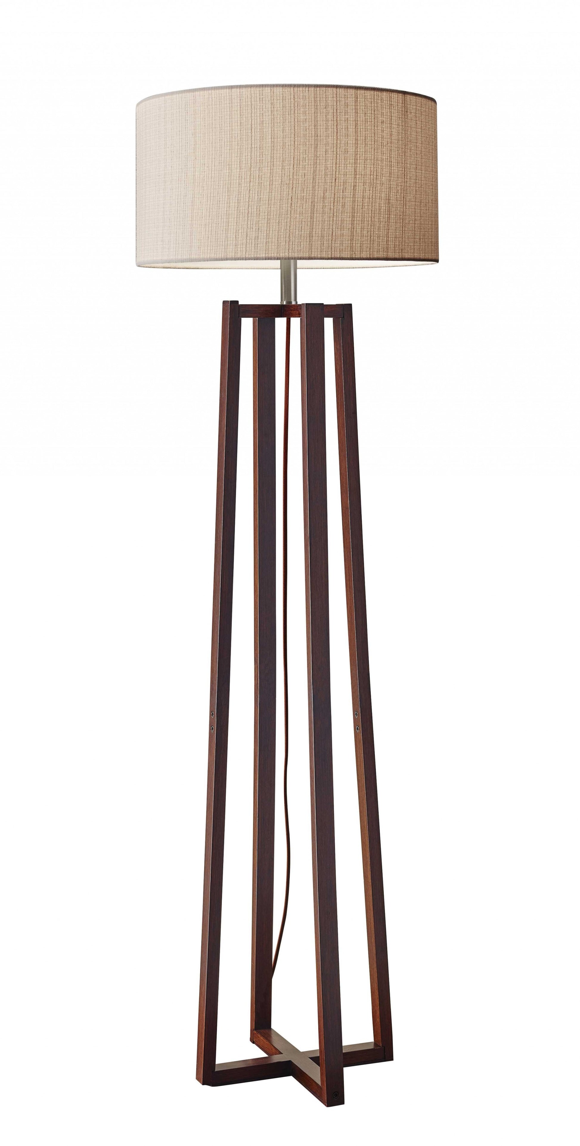60" Brown Solid Wood Novelty Floor Lamp With Beige Fabric Drum Shade-Floor Lamps-DECOROLALA