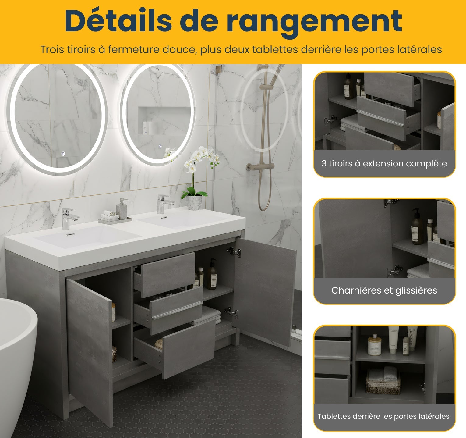 60" Cement Freestanding Double Sink Bathroom Vanity with White Polymarble Countertop-Migration_Bathroom Vanities-DECOROLALA