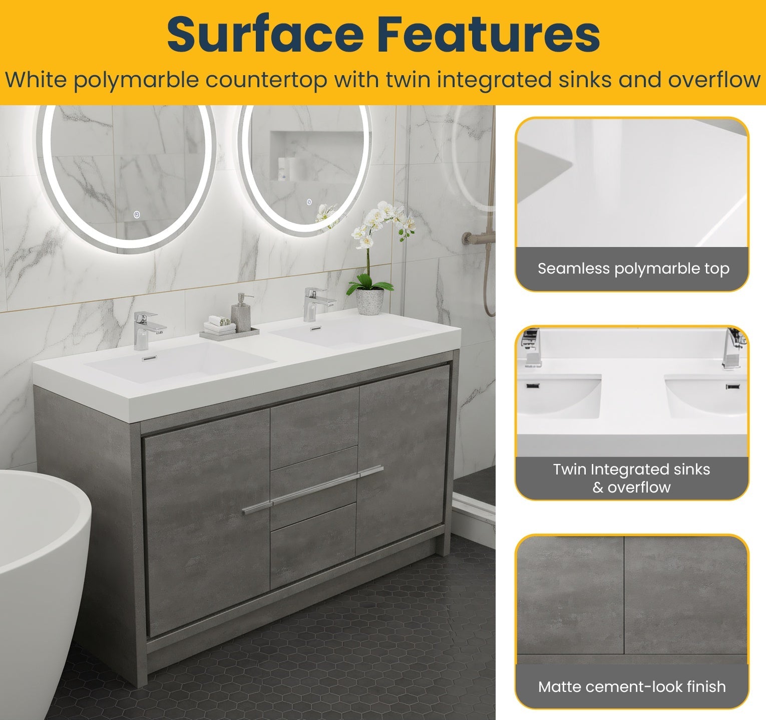 60" Cement Freestanding Double Sink Bathroom Vanity with White Polymarble Countertop-Migration_Bathroom Vanities-DECOROLALA