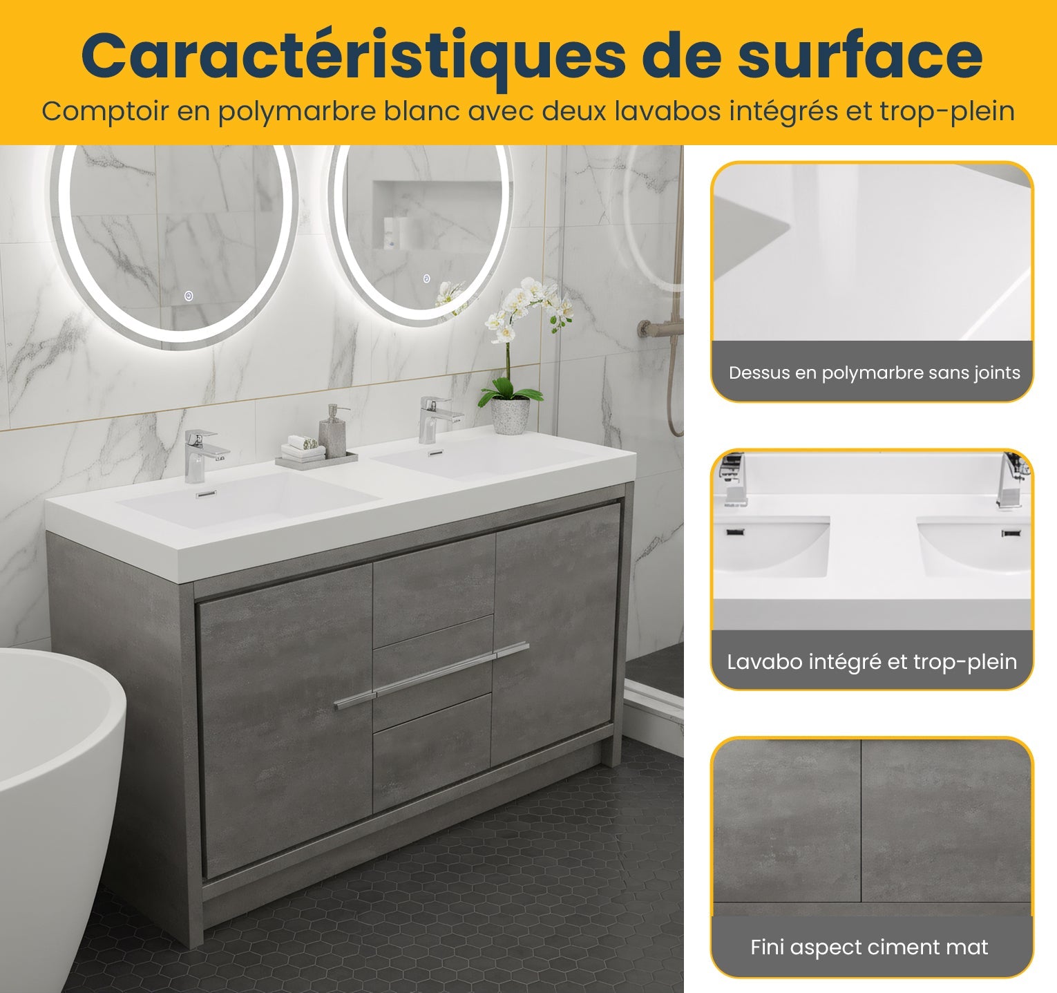 60" Cement Freestanding Double Sink Bathroom Vanity with White Polymarble Countertop-Migration_Bathroom Vanities-DECOROLALA