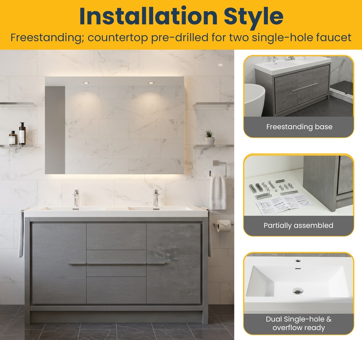 60" Cement Freestanding Double Sink Bathroom Vanity with White Polymarble Countertop-Migration_Bathroom Vanities-DECOROLALA