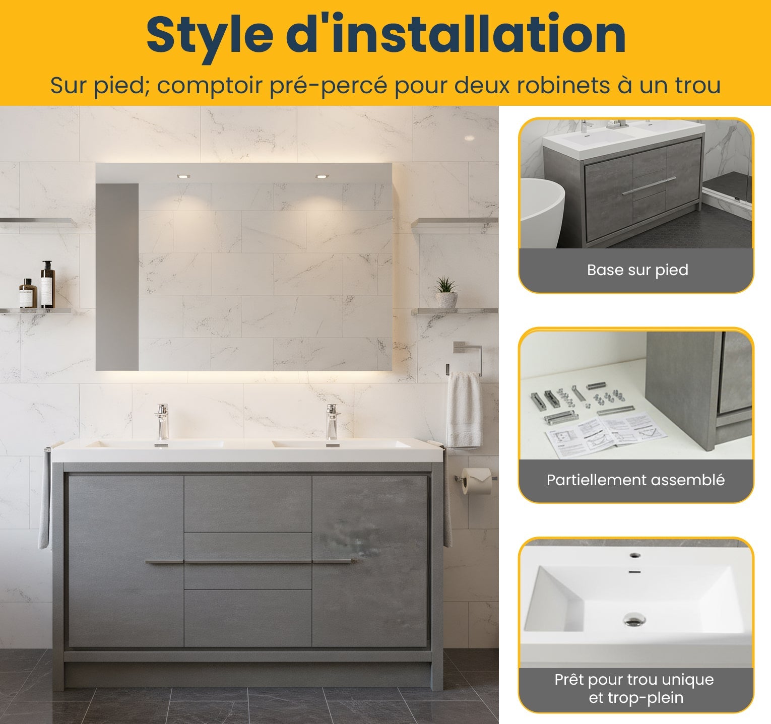 60" Cement Freestanding Double Sink Bathroom Vanity with White Polymarble Countertop-Migration_Bathroom Vanities-DECOROLALA