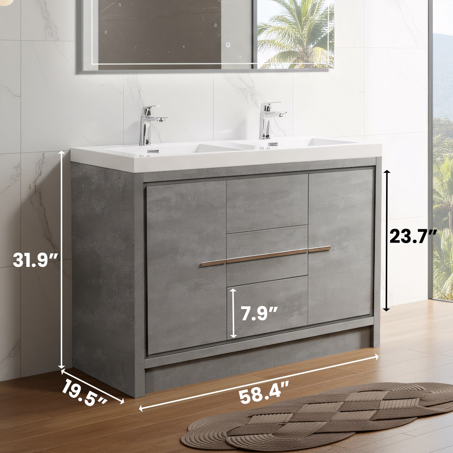 60" Cement Freestanding Double Sink Bathroom Vanity with White Polymarble Countertop-Migration_Bathroom Vanities-DECOROLALA
