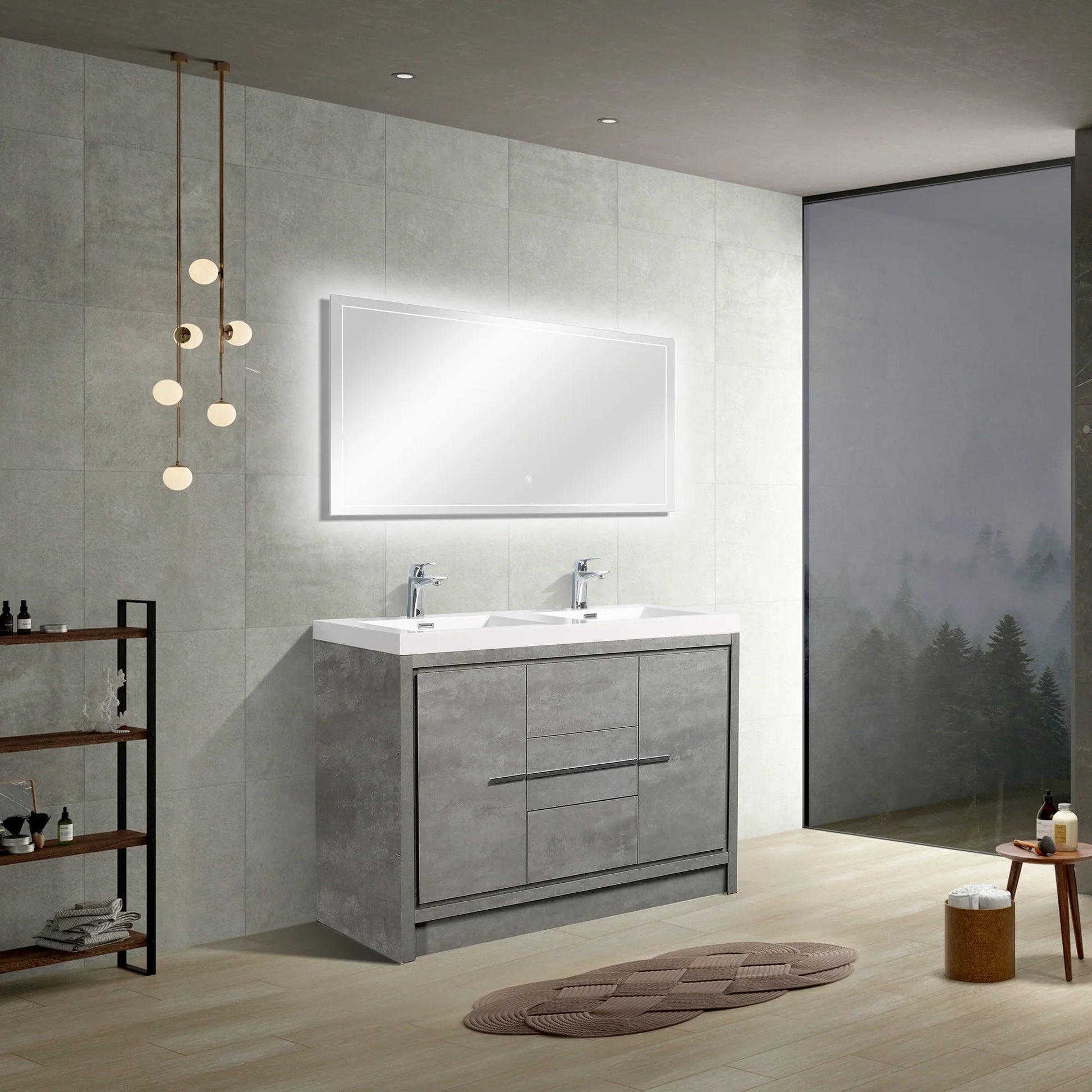 60" Cement Freestanding Double Sink Bathroom Vanity with White Polymarble Countertop-Migration_Bathroom Vanities-DECOROLALA