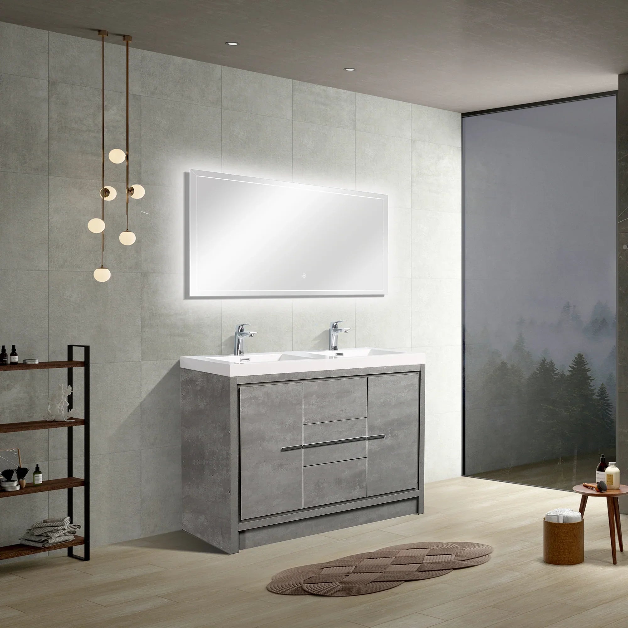 60" Cement Freestanding Double Sink Bathroom Vanity with White Polymarble Countertop-Migration_Bathroom Vanities-DECOROLALA