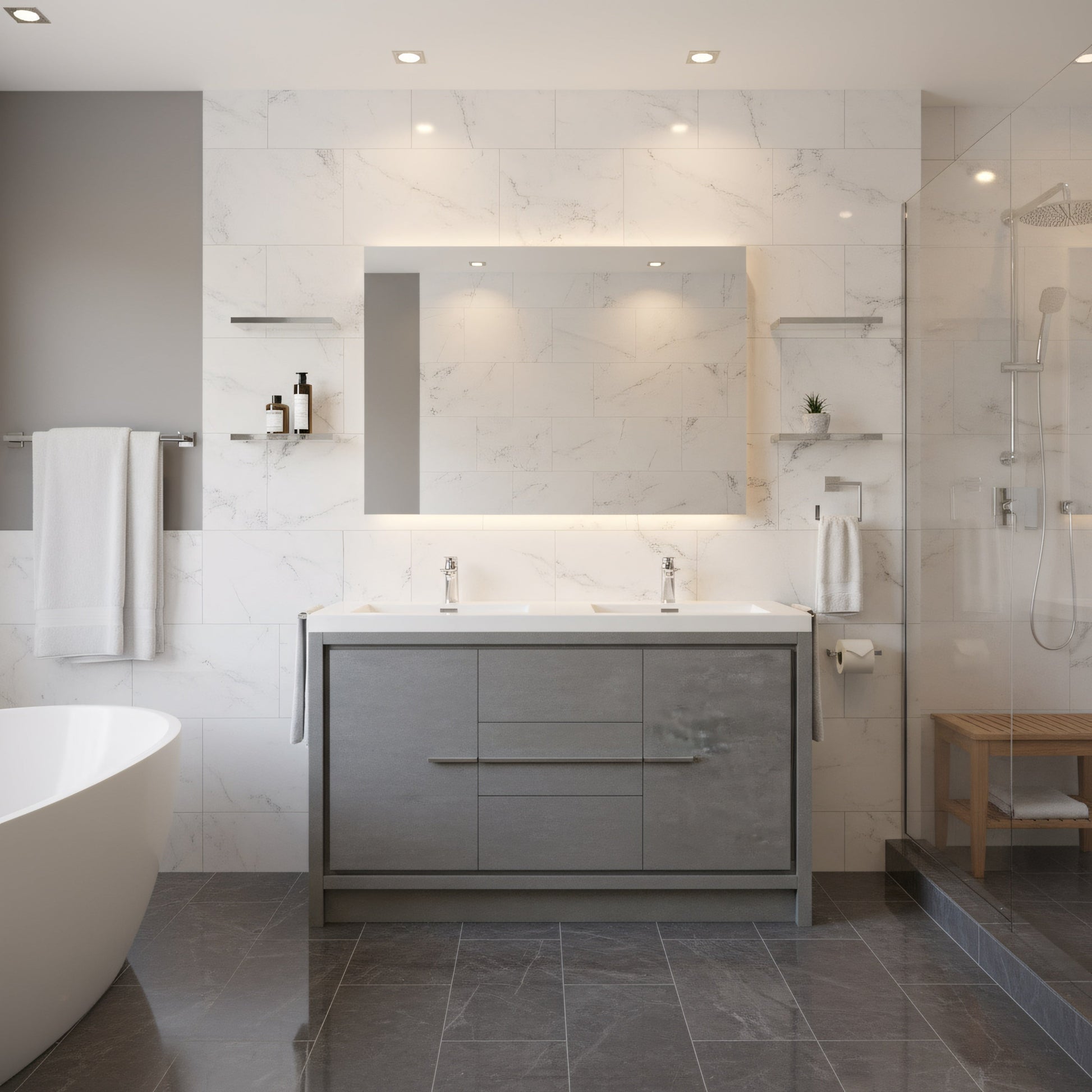 60" Cement Freestanding Double Sink Bathroom Vanity with White Polymarble Countertop-Migration_Bathroom Vanities-DECOROLALA