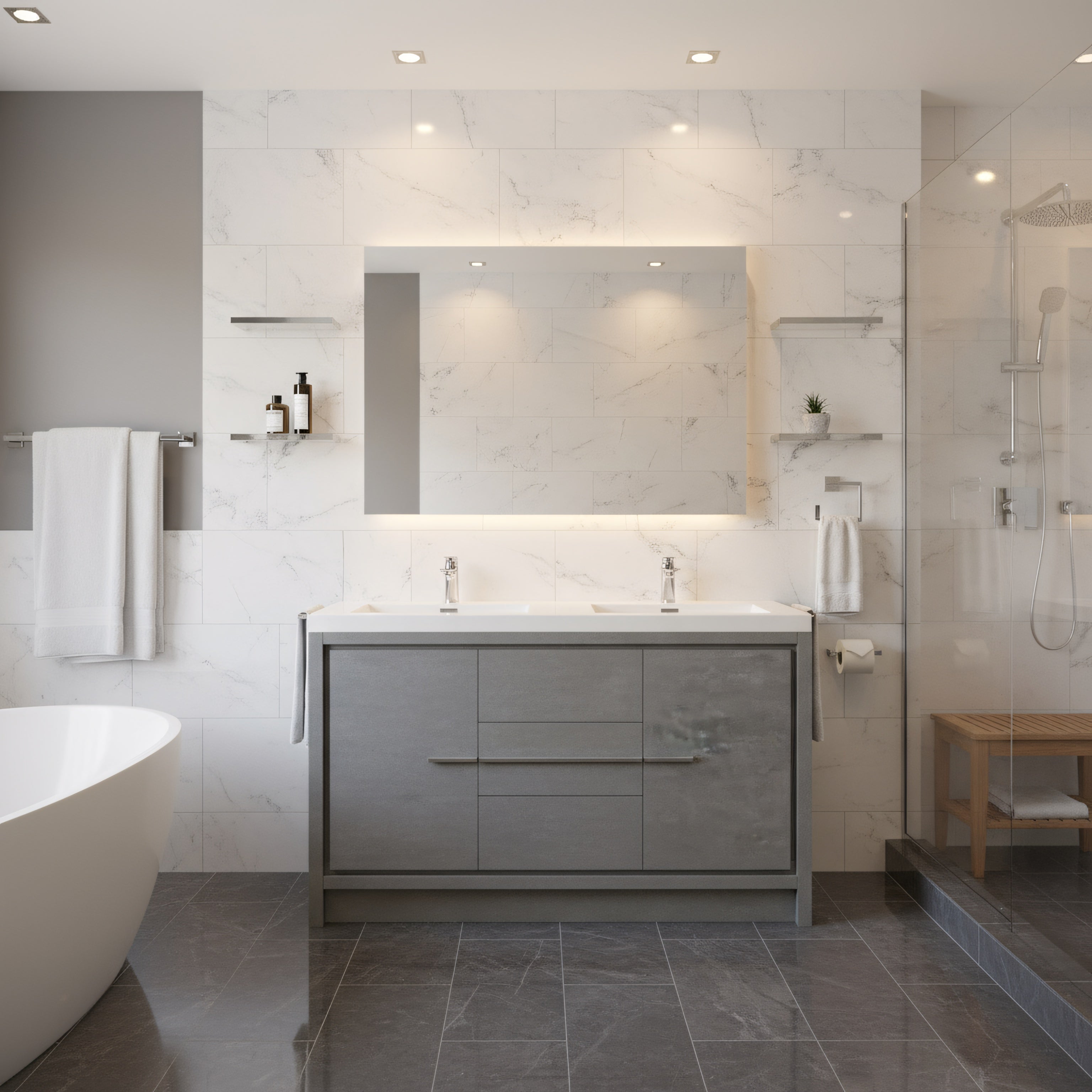 60" Cement Freestanding Double Sink Bathroom Vanity with White Polymarble Countertop-Migration_Bathroom Vanities-DECOROLALA