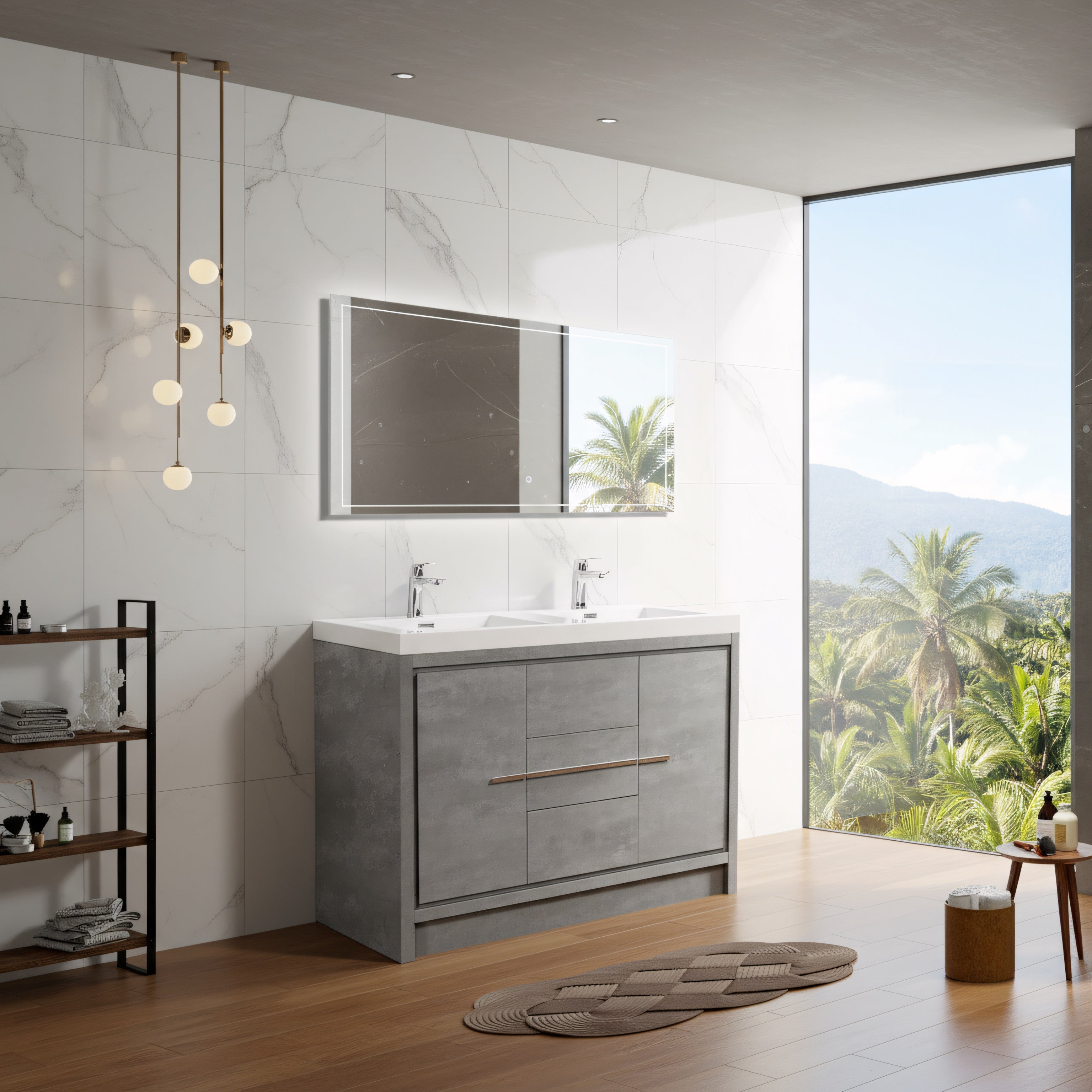 60" Cement Freestanding Double Sink Bathroom Vanity with White Polymarble Countertop-Migration_Bathroom Vanities-DECOROLALA