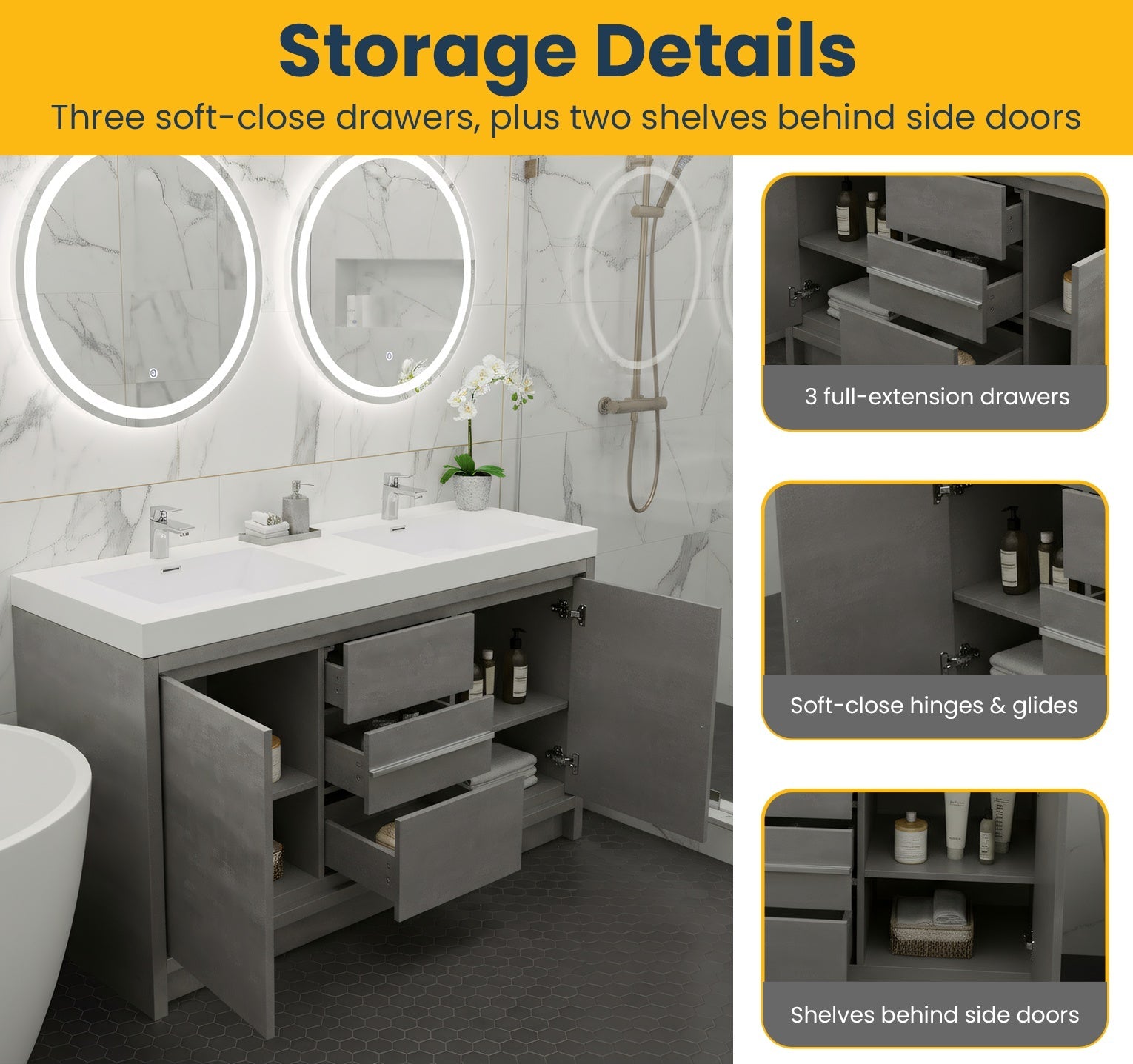 60" Cement Freestanding Double Sink Bathroom Vanity with White Polymarble Countertop-Migration_Bathroom Vanities-DECOROLALA