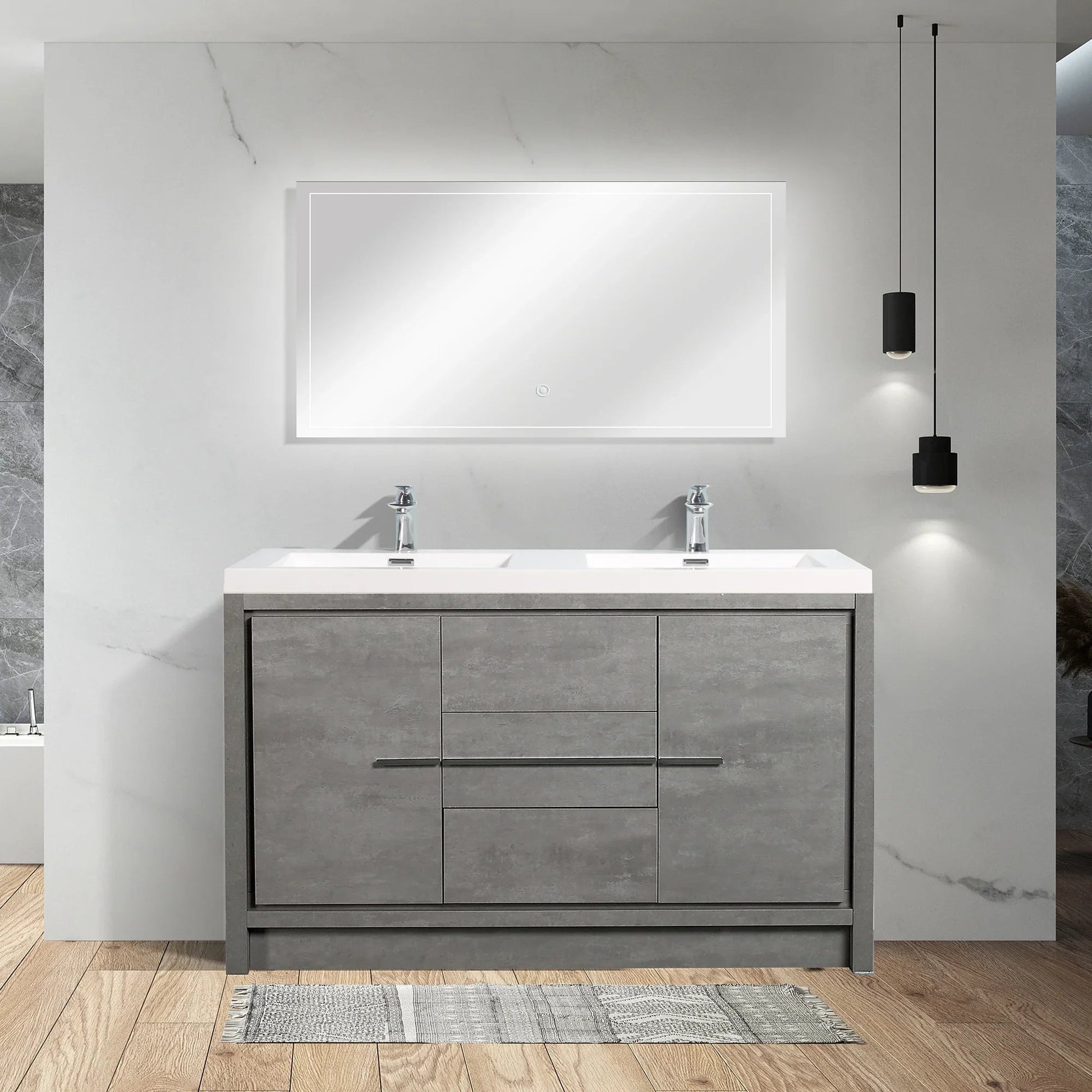 60" Cement Freestanding Double Sink Bathroom Vanity with White Polymarble Countertop-Migration_Bathroom Vanities-DECOROLALA