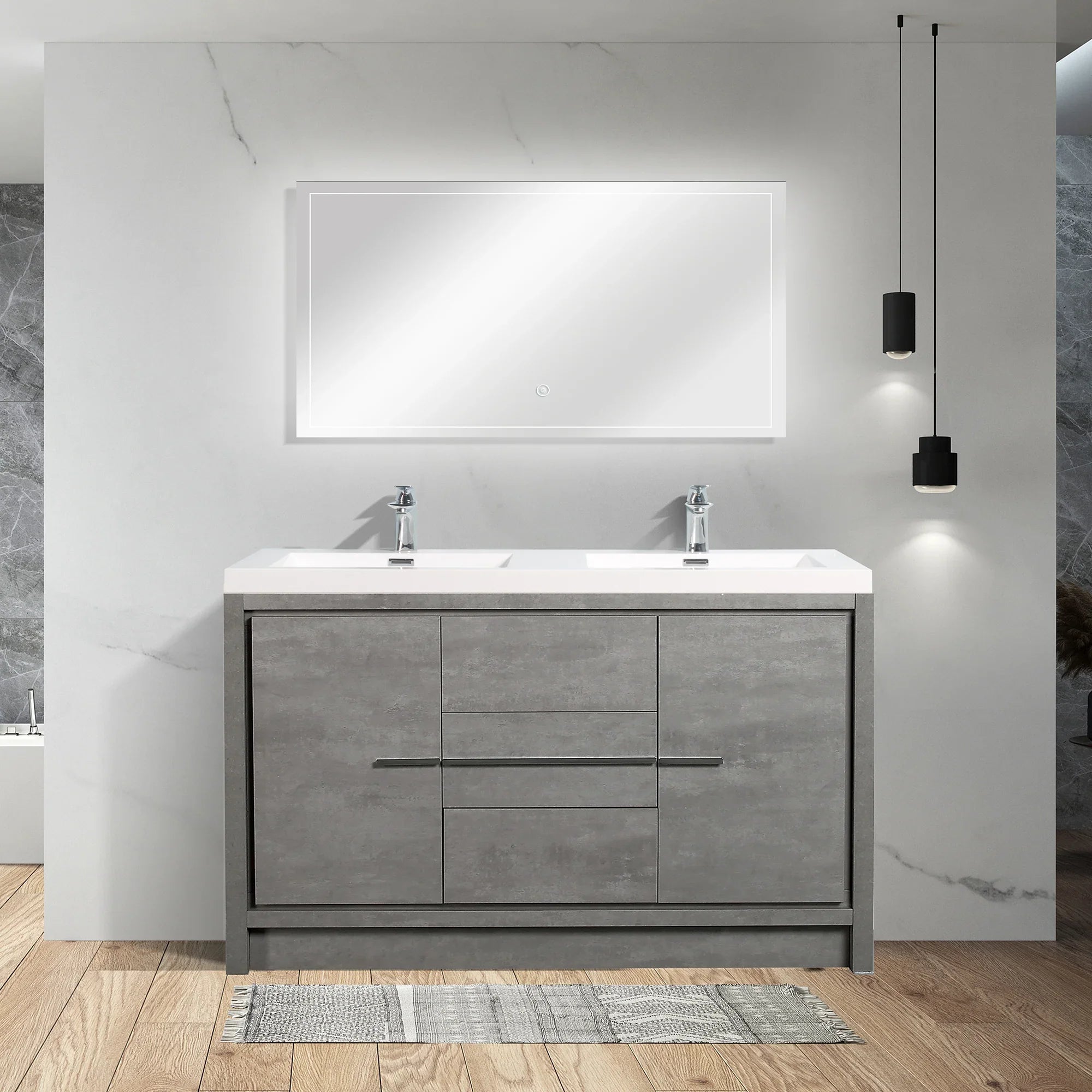 60" Cement Freestanding Double Sink Bathroom Vanity with White Polymarble Countertop-Migration_Bathroom Vanities-DECOROLALA