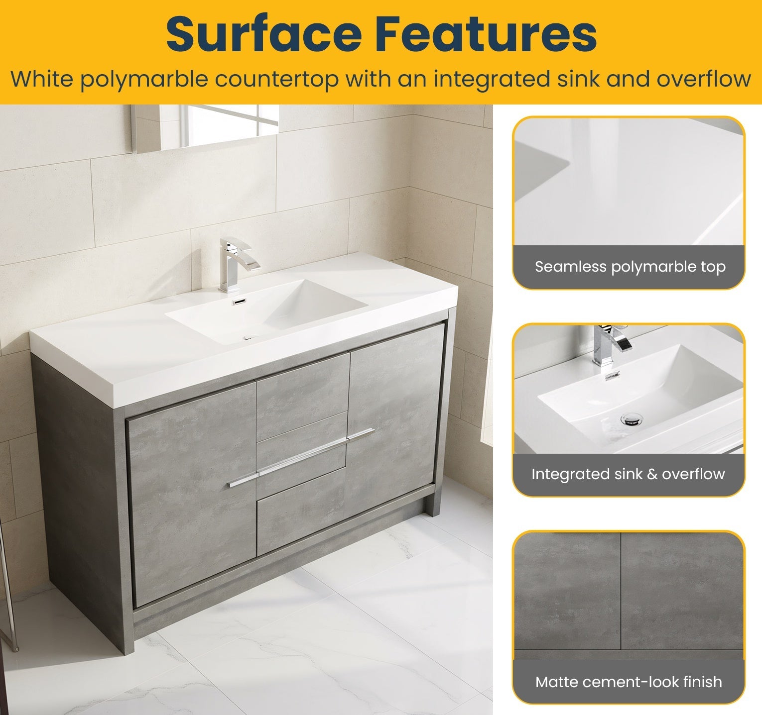 60" Cement Freestanding Single Sink Bathroom Vanity with White Polymarble Countertop-Migration_Bathroom Vanities-DECOROLALA