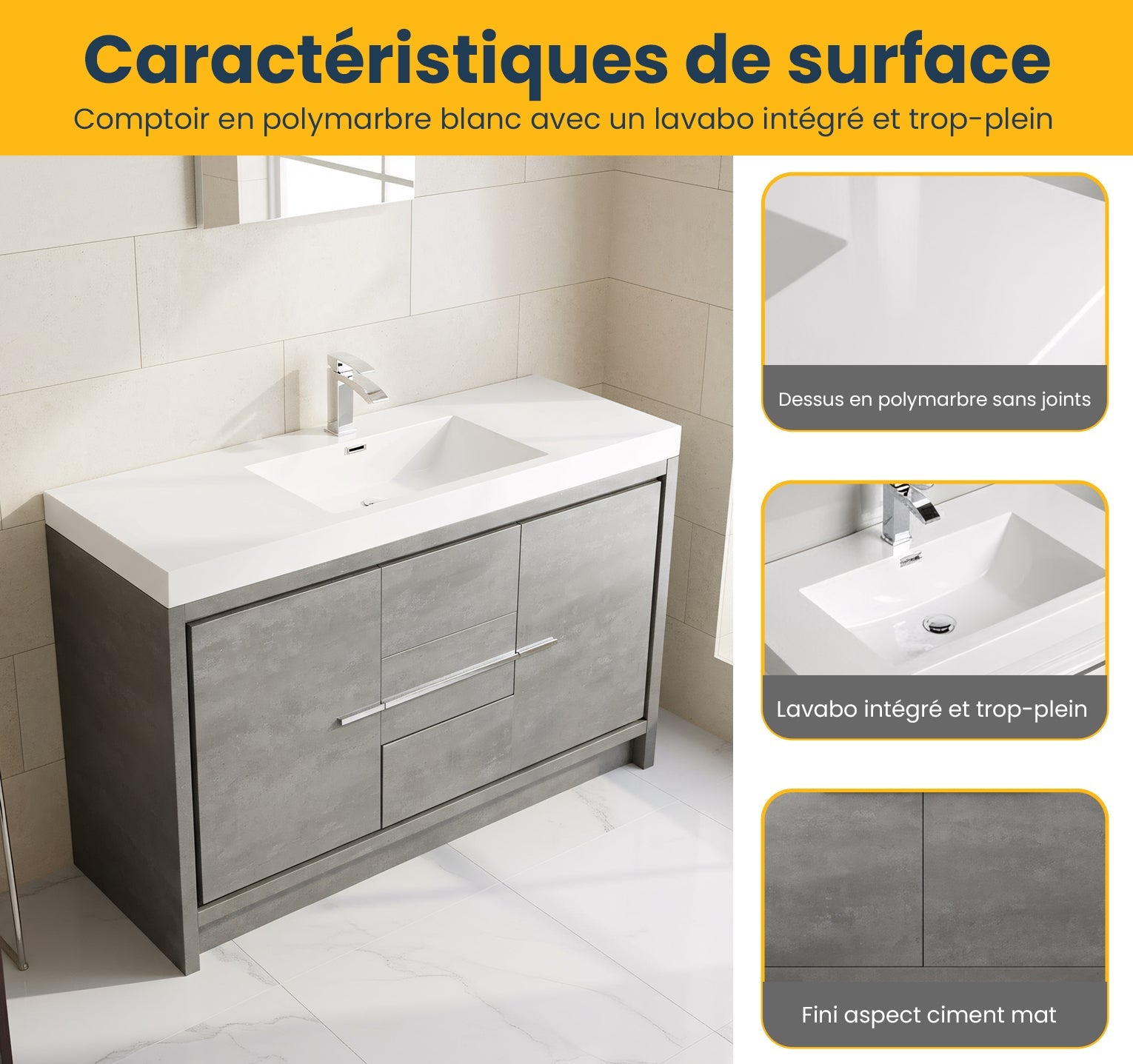 60" Cement Freestanding Single Sink Bathroom Vanity with White Polymarble Countertop-Migration_Bathroom Vanities-DECOROLALA