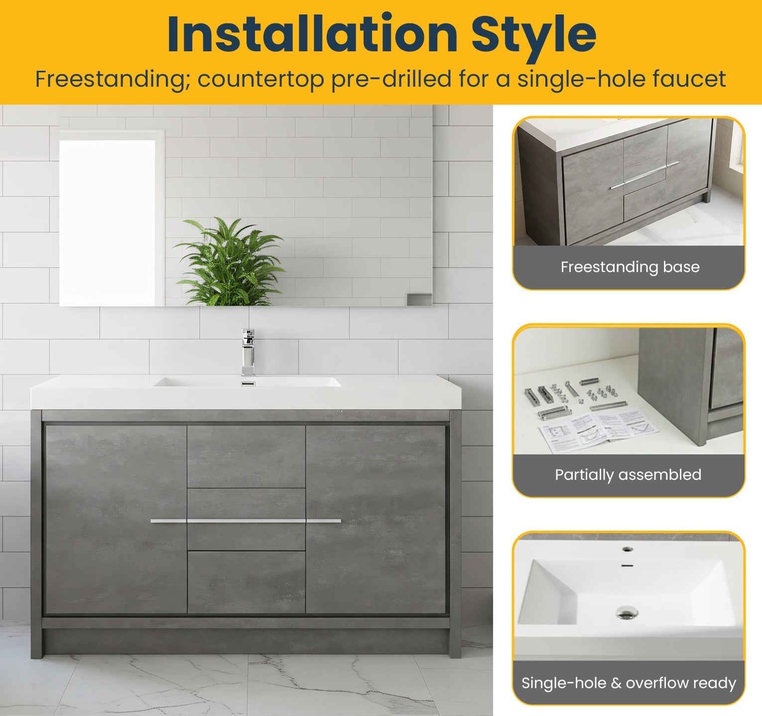 60" Cement Freestanding Single Sink Bathroom Vanity with White Polymarble Countertop-Migration_Bathroom Vanities-DECOROLALA