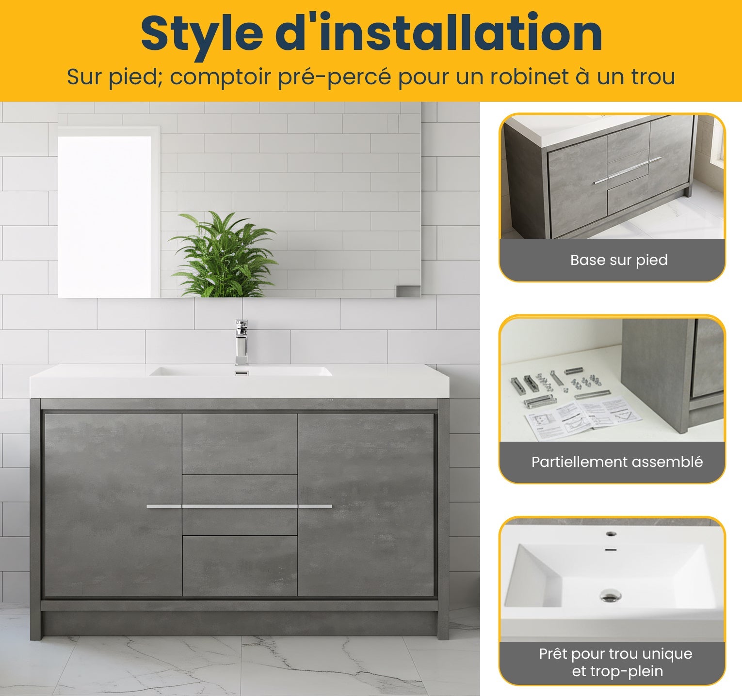 60" Cement Freestanding Single Sink Bathroom Vanity with White Polymarble Countertop-Migration_Bathroom Vanities-DECOROLALA