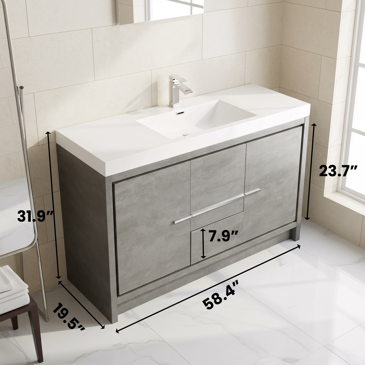 60" Cement Freestanding Single Sink Bathroom Vanity with White Polymarble Countertop-Migration_Bathroom Vanities-DECOROLALA