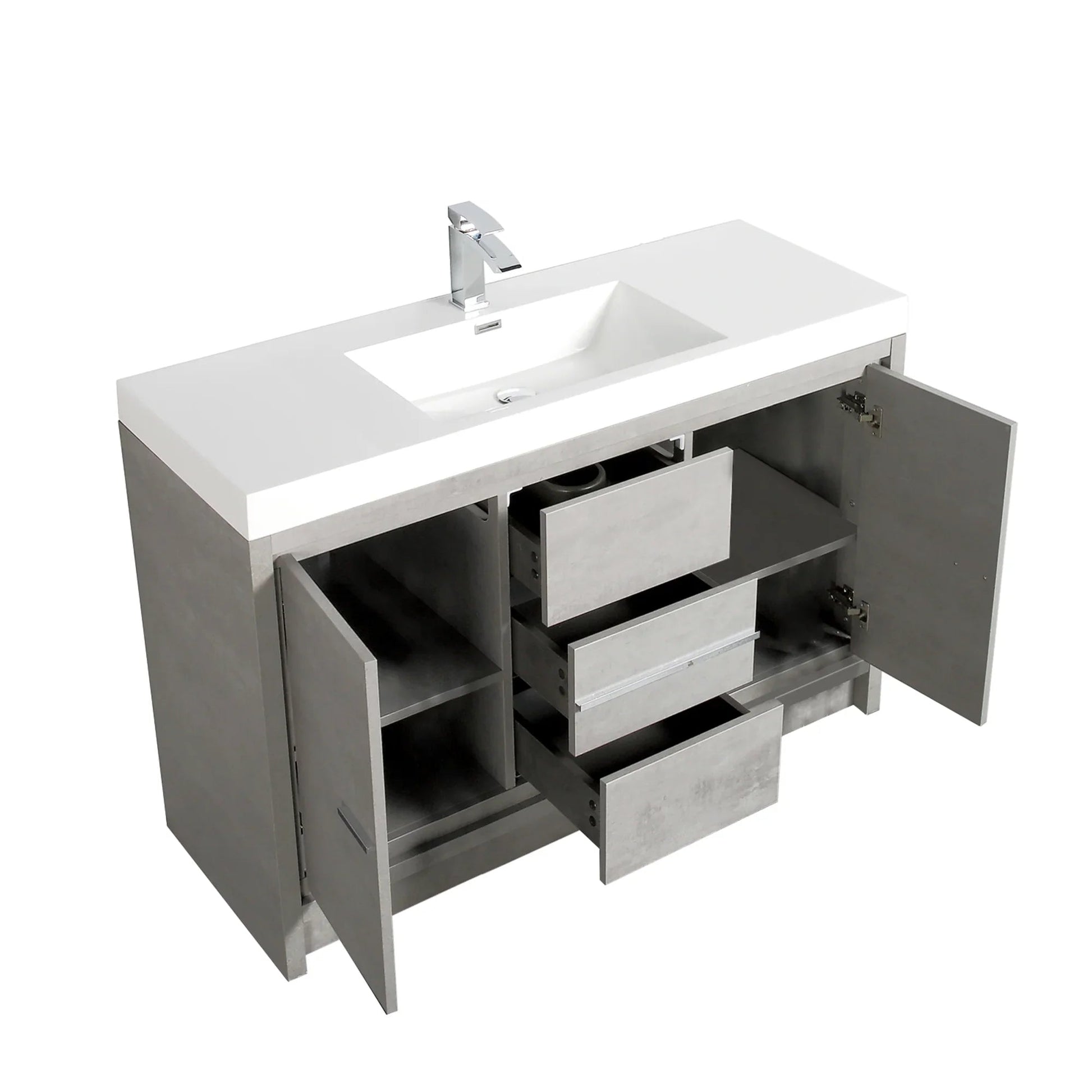 60" Cement Freestanding Single Sink Bathroom Vanity with White Polymarble Countertop-Migration_Bathroom Vanities-DECOROLALA