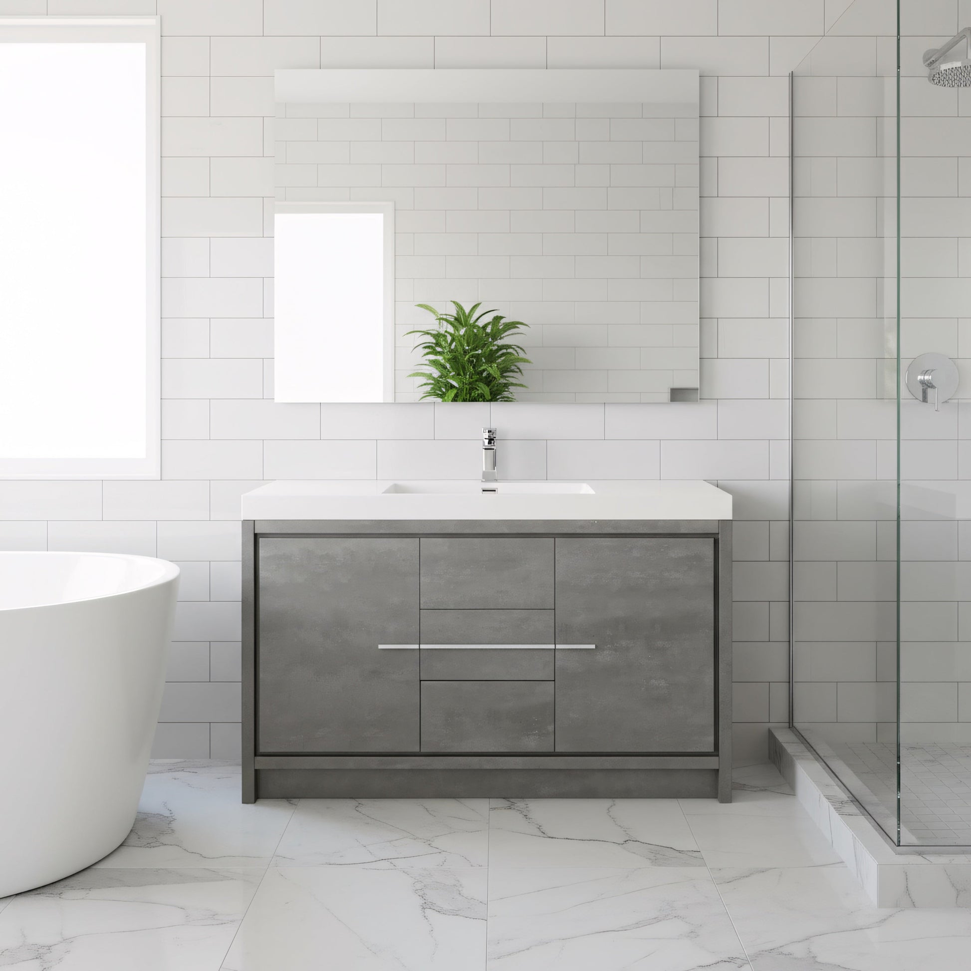 60" Cement Freestanding Single Sink Bathroom Vanity with White Polymarble Countertop-Migration_Bathroom Vanities-DECOROLALA