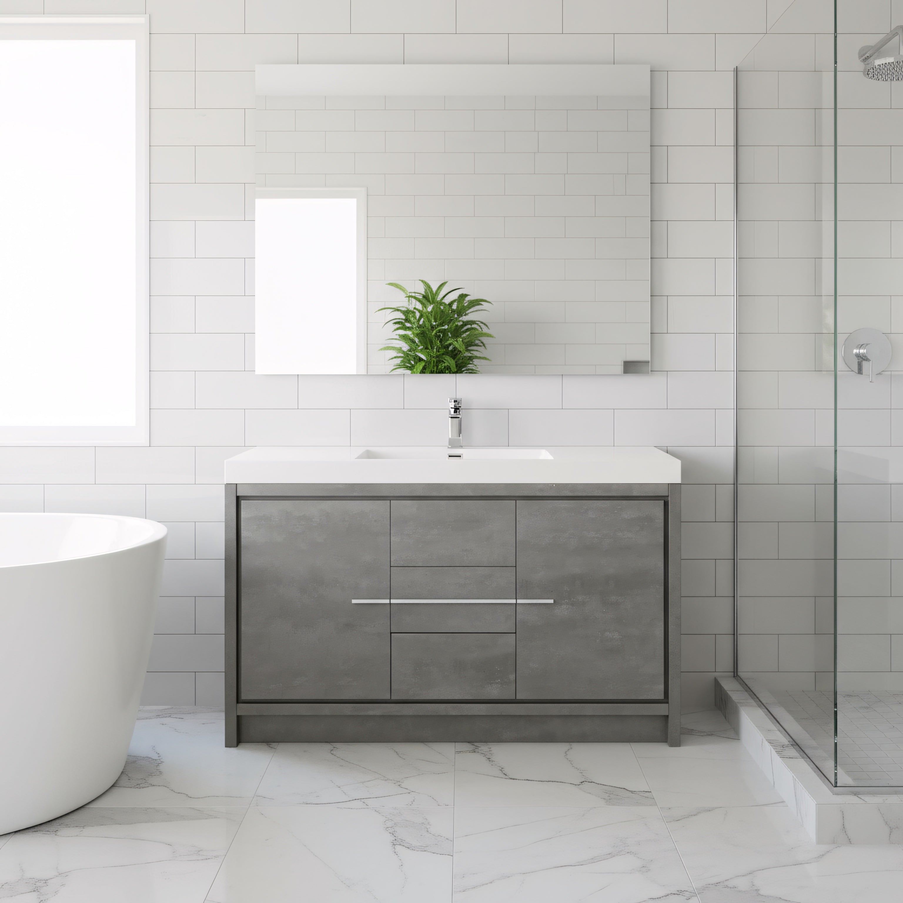 60" Cement Freestanding Single Sink Bathroom Vanity with White Polymarble Countertop-Migration_Bathroom Vanities-DECOROLALA