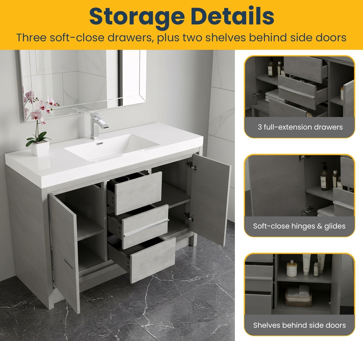 60" Cement Freestanding Single Sink Bathroom Vanity with White Polymarble Countertop-Migration_Bathroom Vanities-DECOROLALA