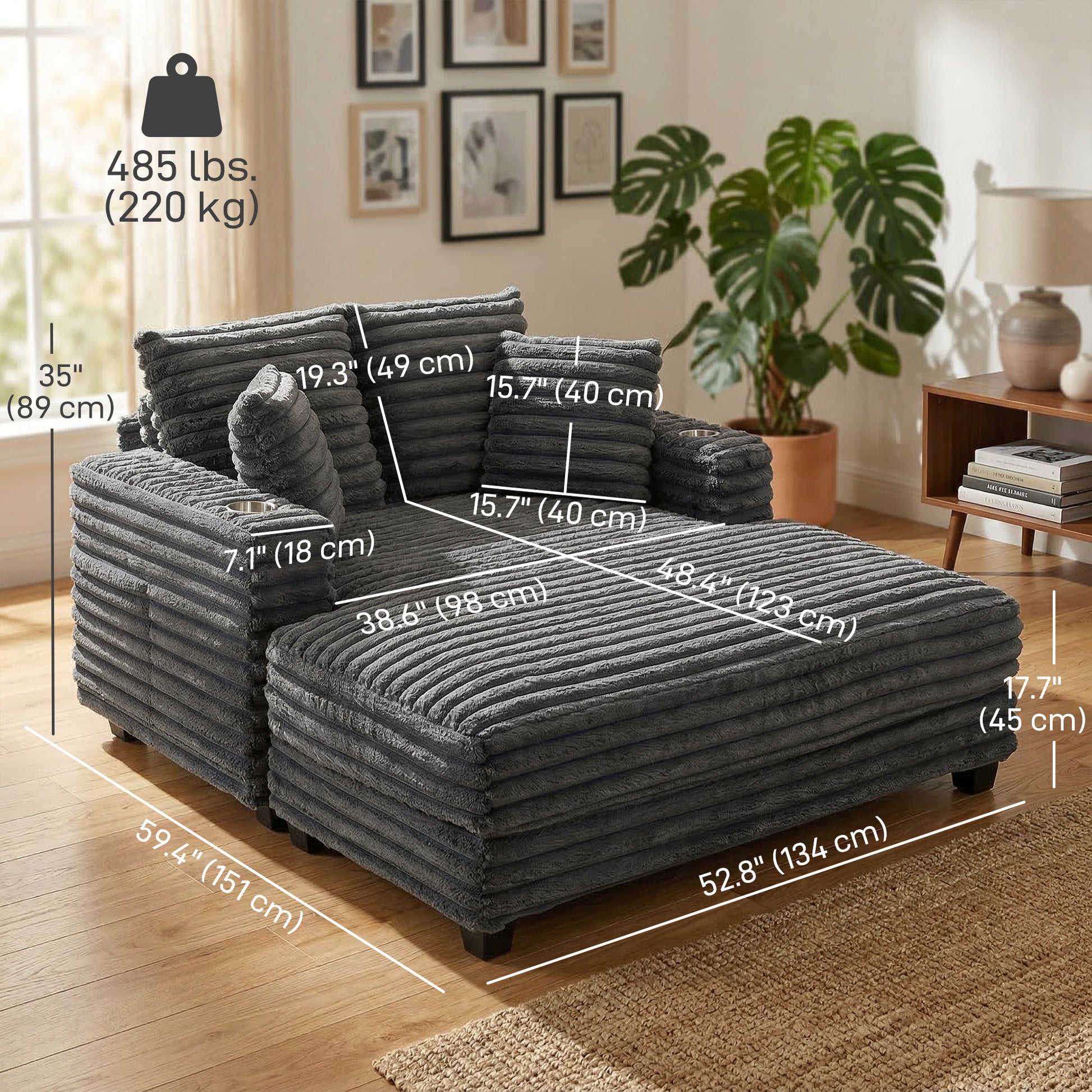 60" Chaise Lounge - Grey Corduroy Sleeper Sofa-DECOROLALA
