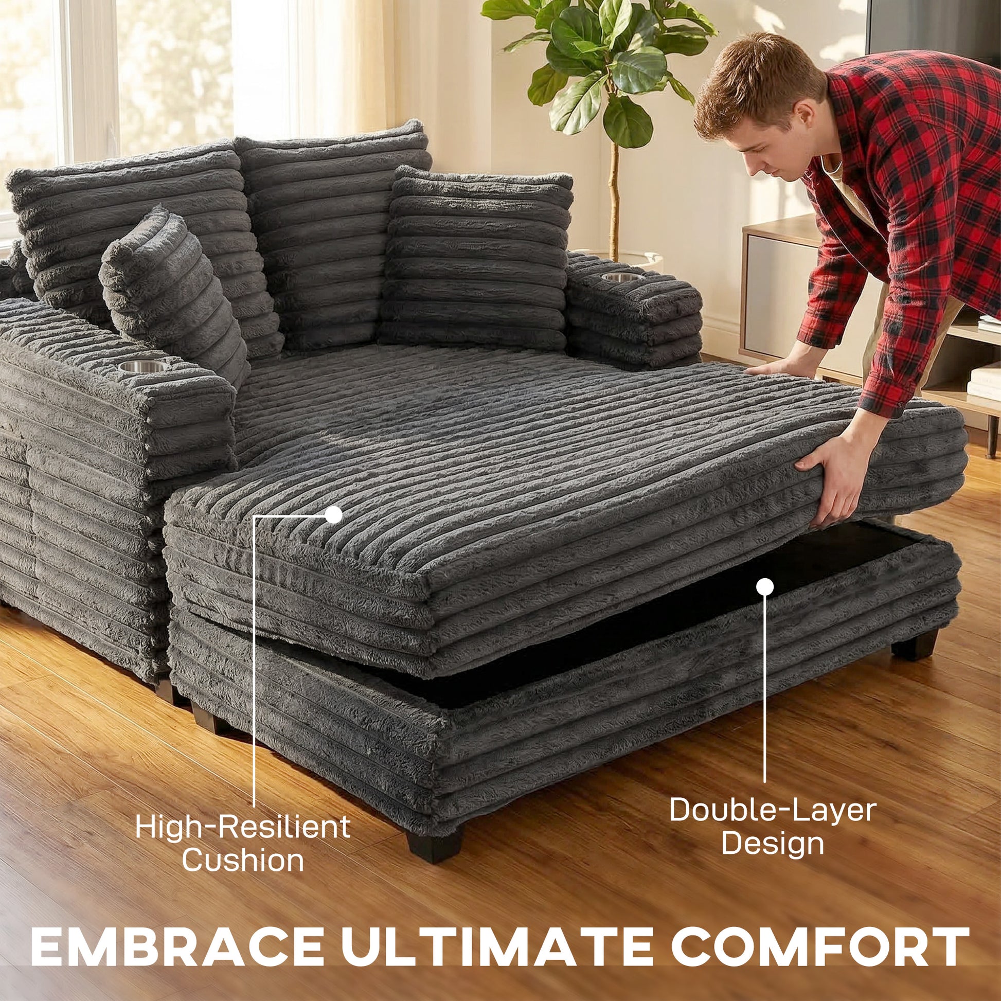 60" Chaise Lounge - Grey Corduroy Sleeper Sofa-DECOROLALA