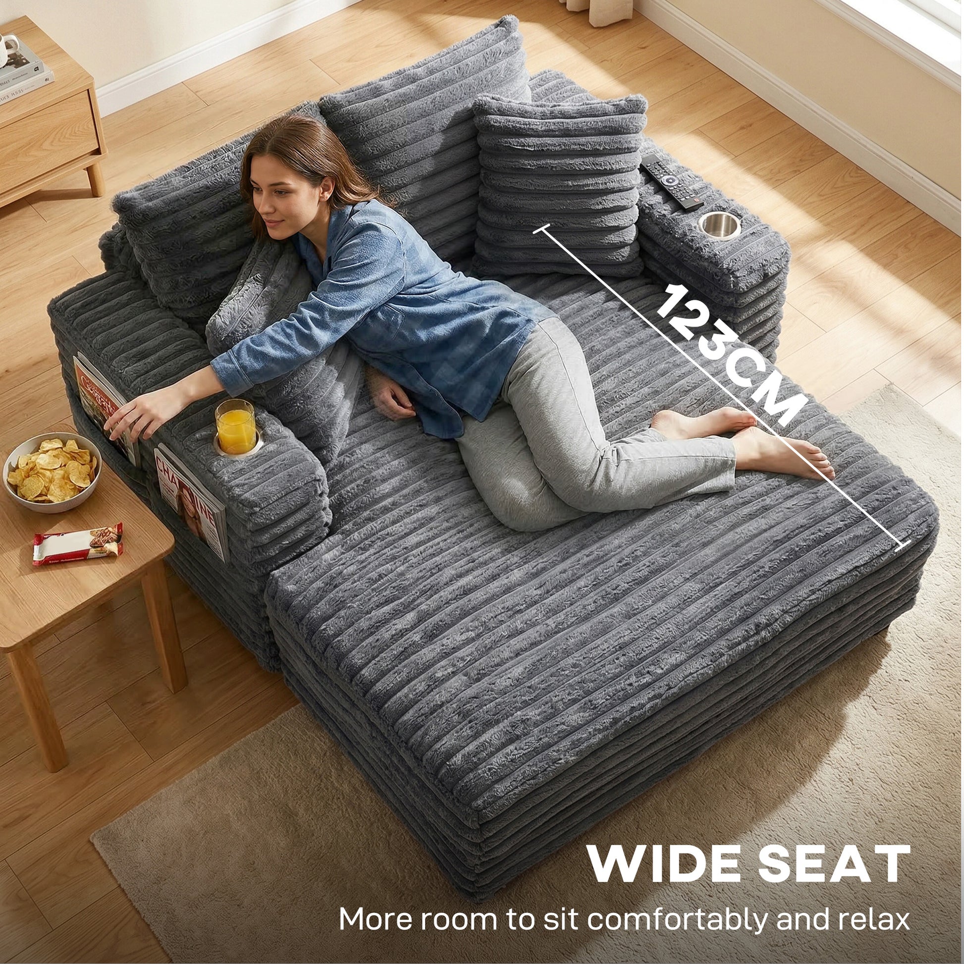 60" Chaise Lounge - Grey Corduroy Sleeper Sofa-DECOROLALA