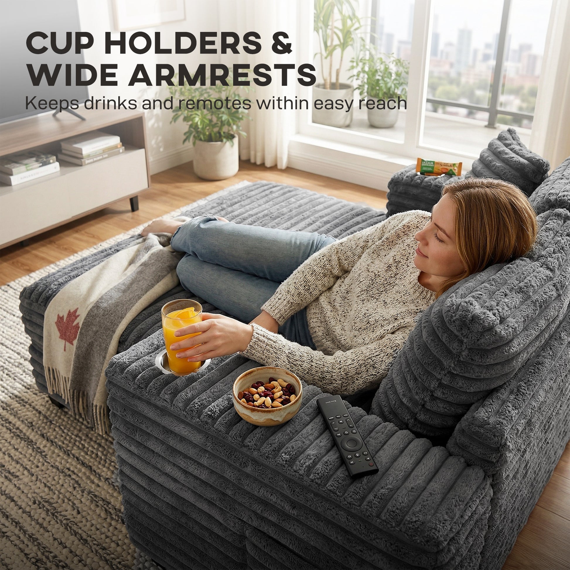 60" Chaise Lounge - Grey Corduroy Sleeper Sofa-DECOROLALA