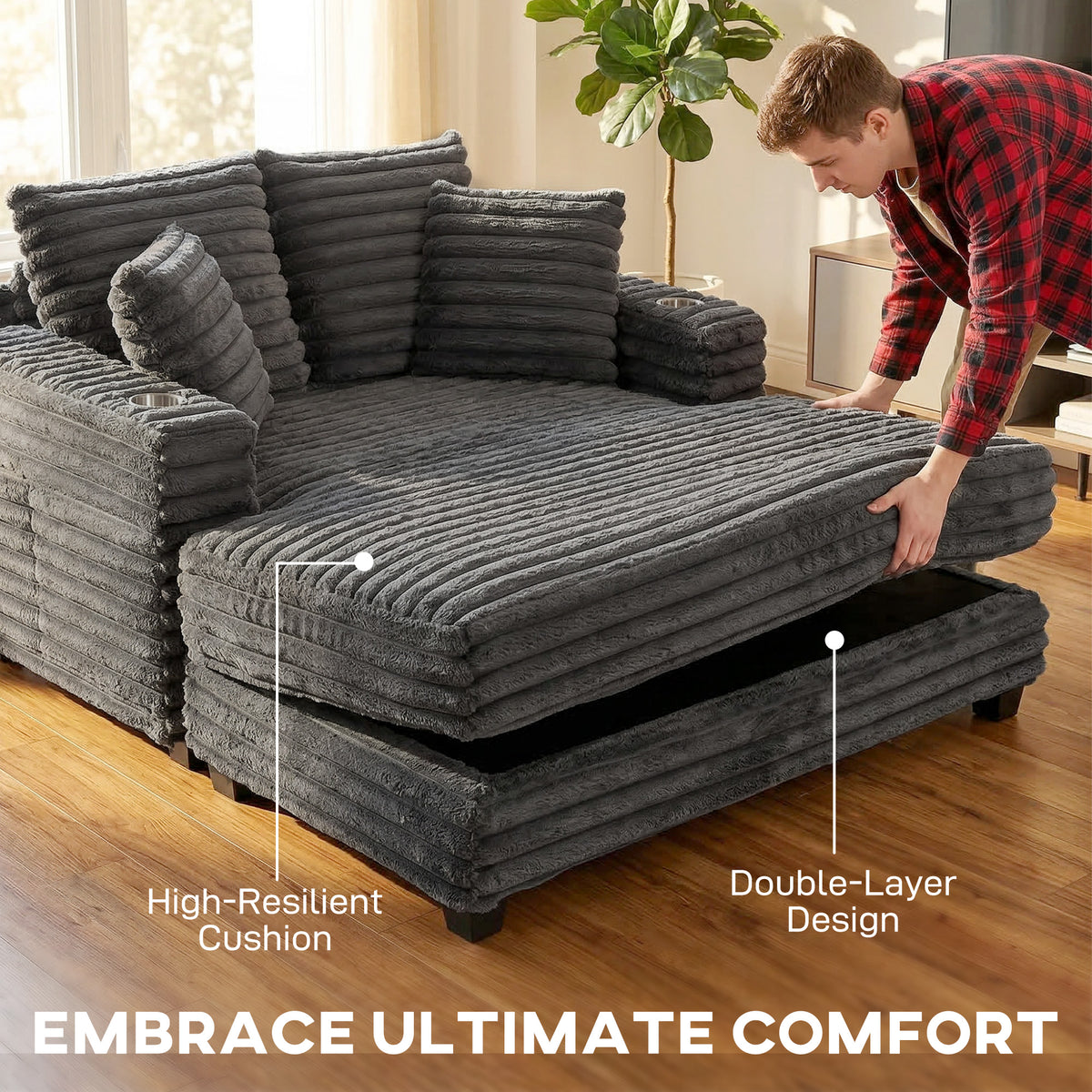 60" Chaise Lounge - Grey Corduroy Sleeper Sofa-Sofa Beds-DECOROLALA