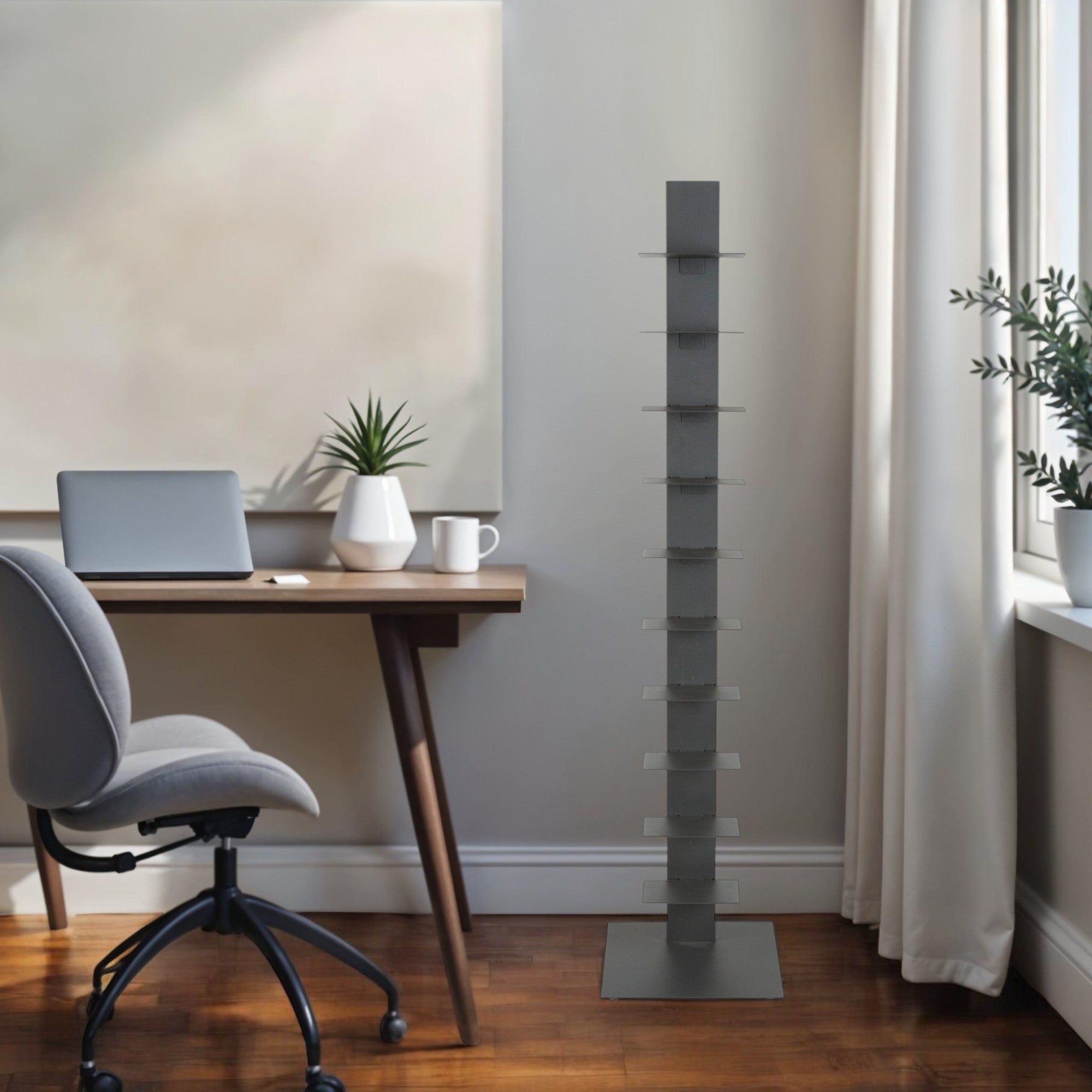 60" Dark Gray Metal Ten Shelf Modern Tower Bookcase-Bookcases-DECOROLALA