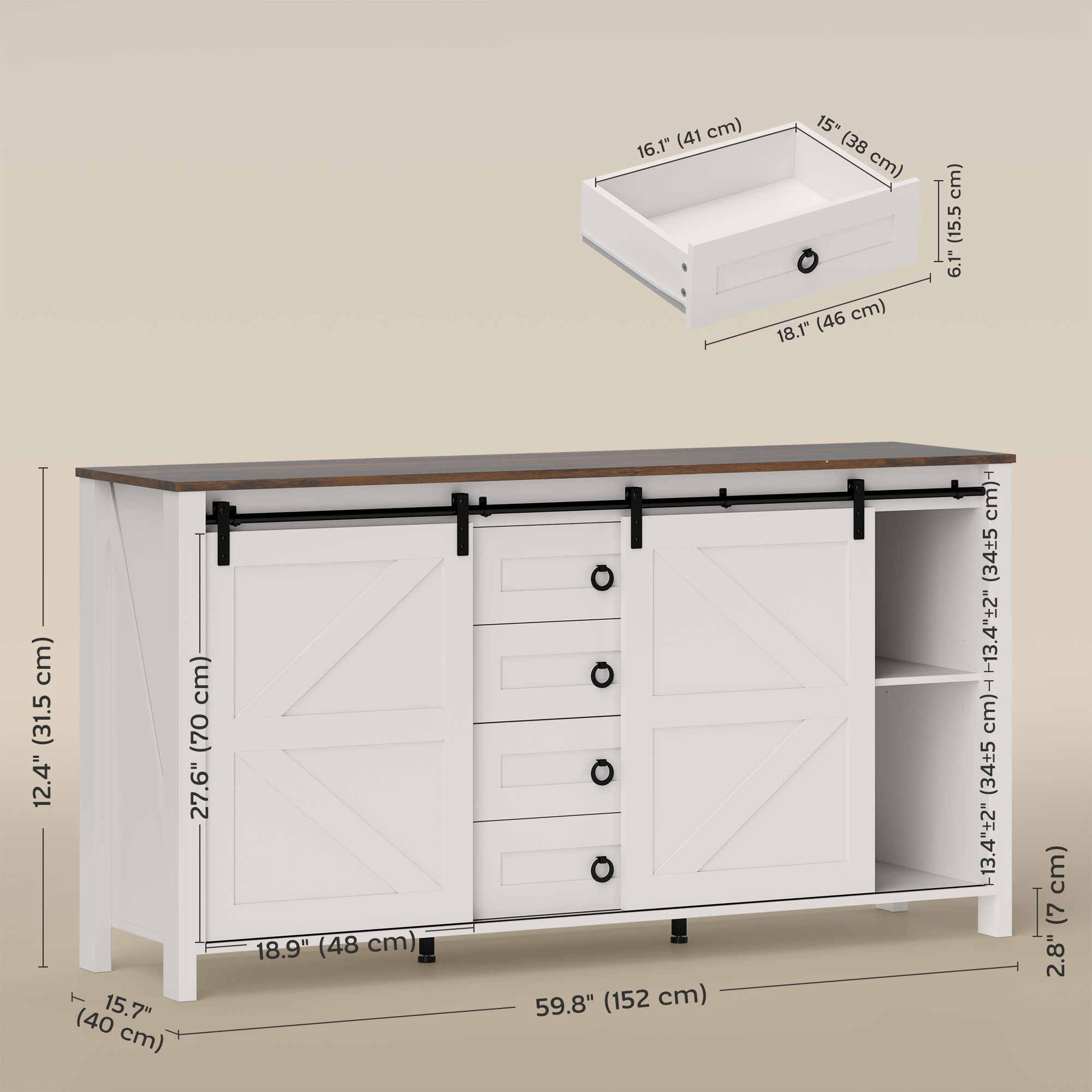 60" Farmhouse Buffet Cabinet - Cream White Sliding Barn Doors-DECOROLALA