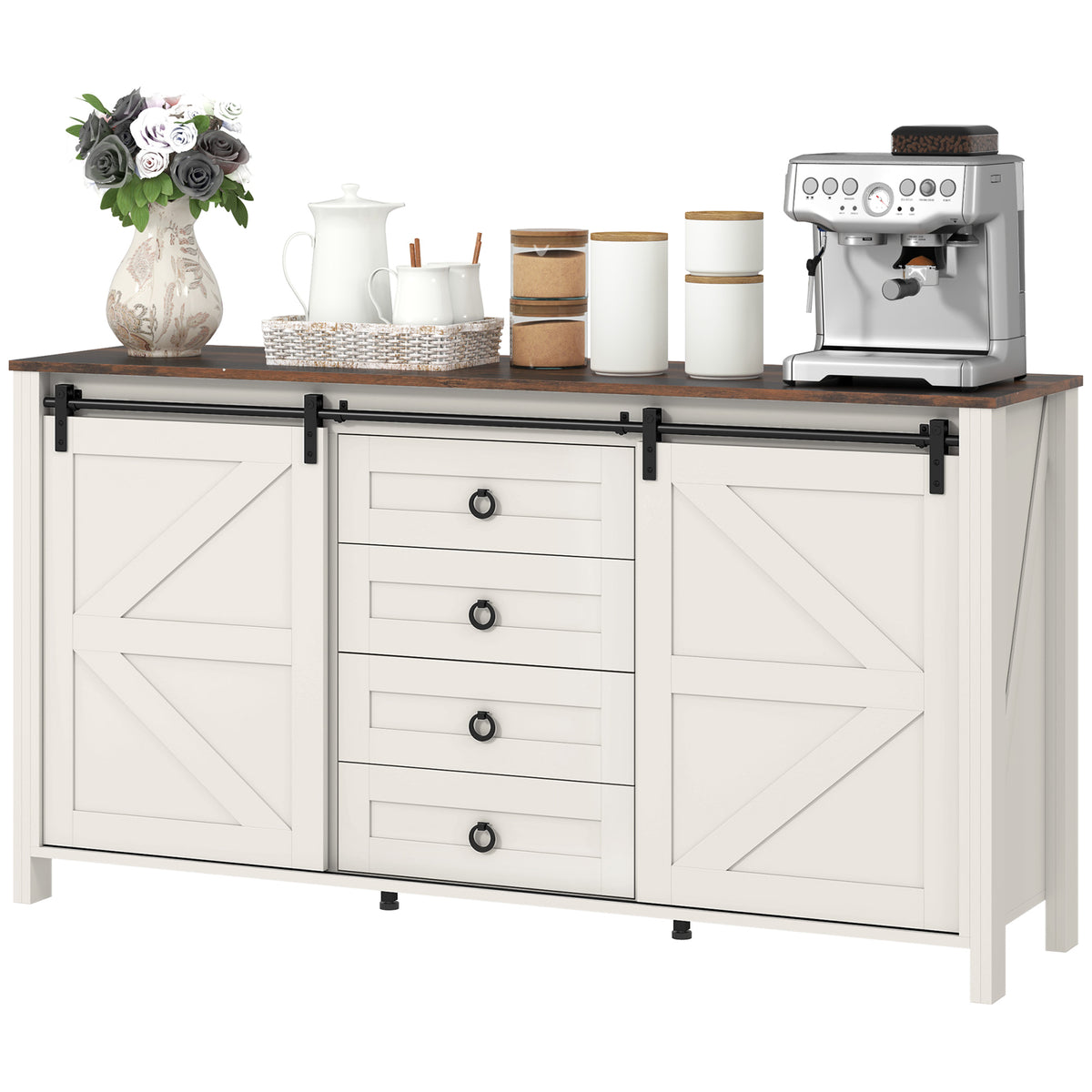 60" Farmhouse Buffet Cabinet - Cream White Sliding Barn Doors-DECOROLALA