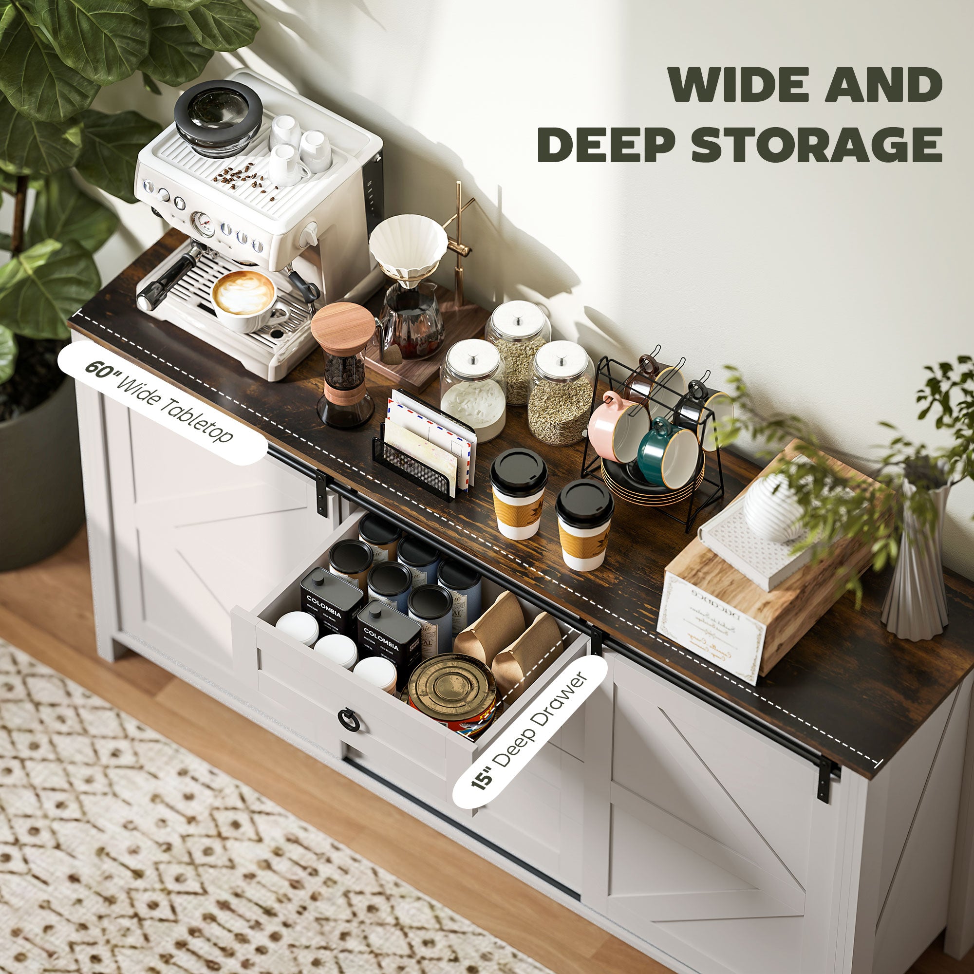 60" Farmhouse Buffet Cabinet - Cream White Sliding Barn Doors-DECOROLALA