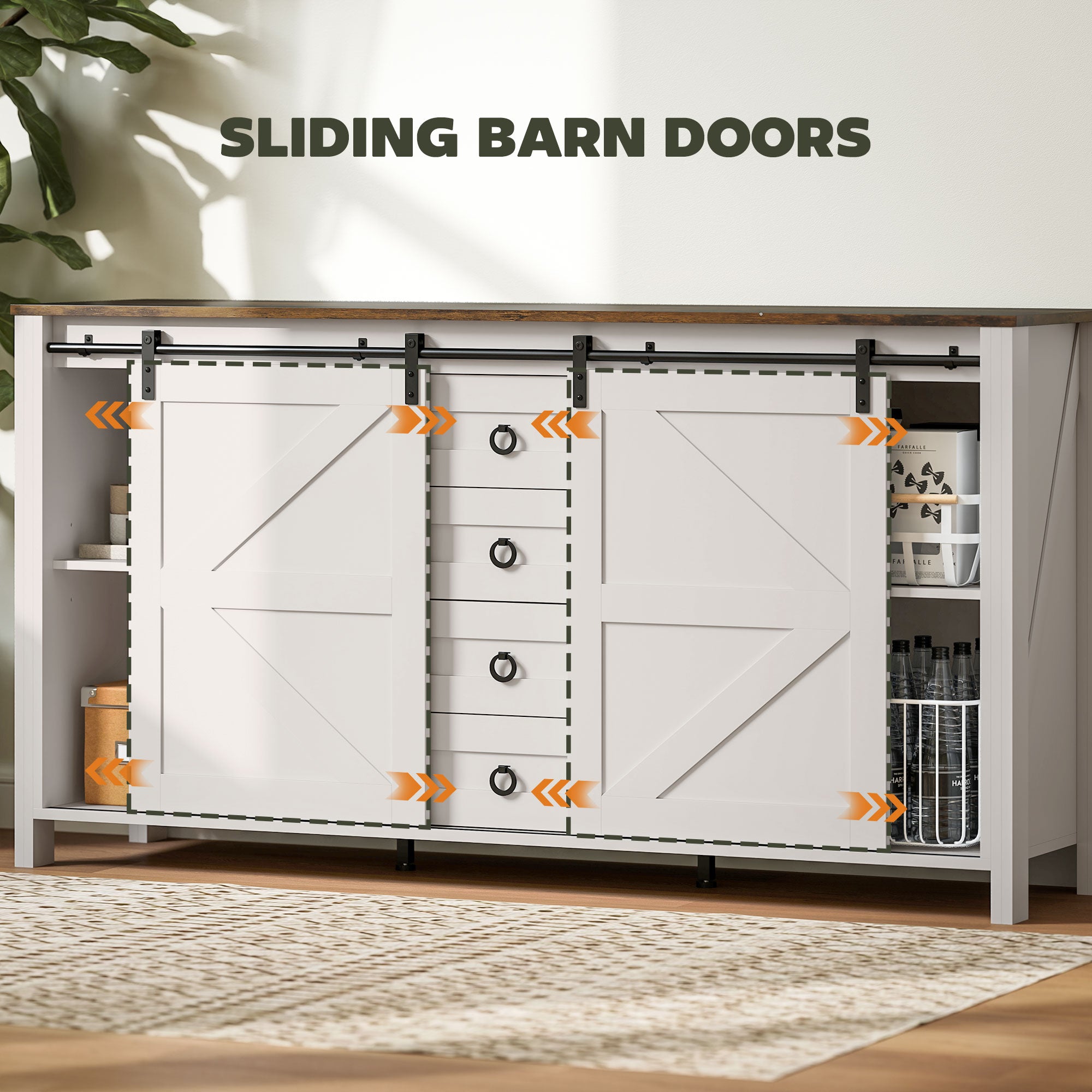 60" Farmhouse Buffet Cabinet - Cream White Sliding Barn Doors-DECOROLALA