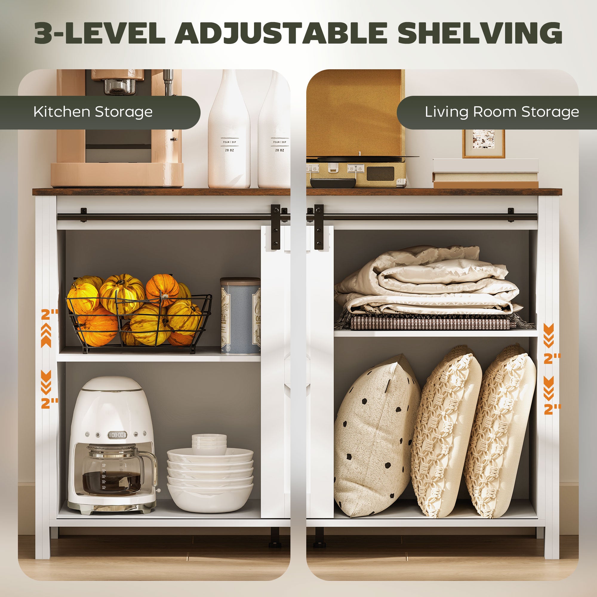 60" Farmhouse Buffet Cabinet - Cream White Sliding Barn Doors-DECOROLALA