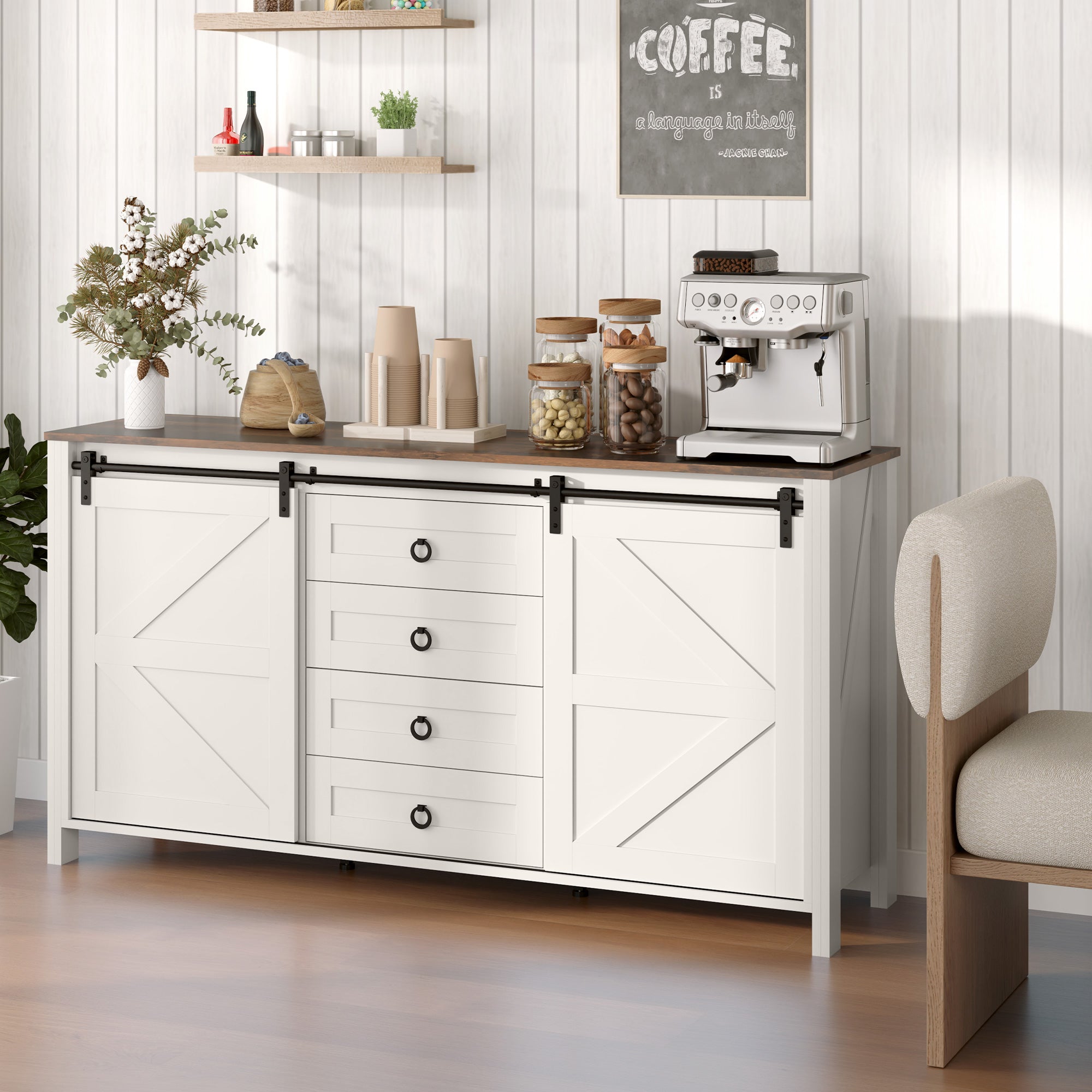 60" Farmhouse Buffet Cabinet - Cream White Sliding Barn Doors-DECOROLALA