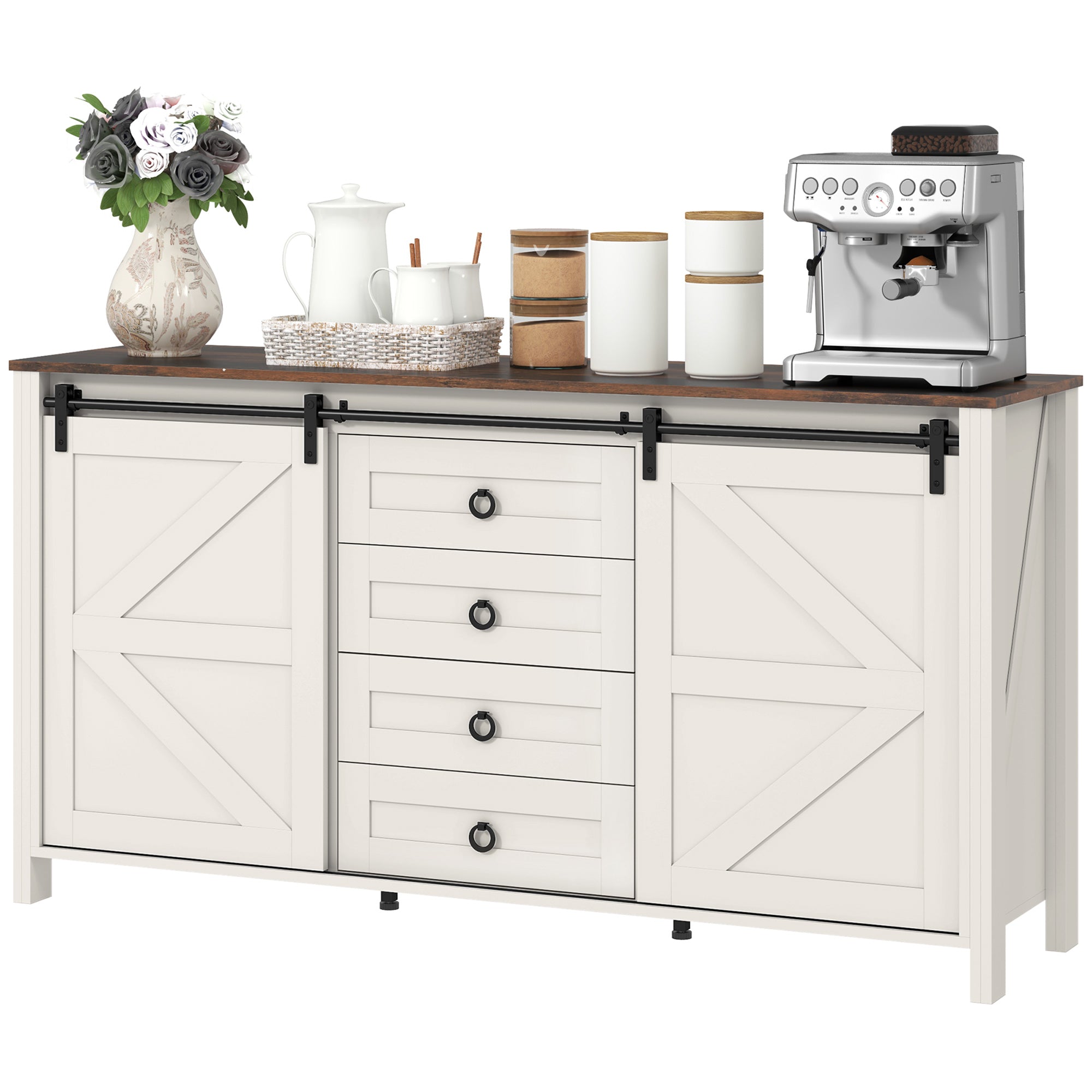 60" Farmhouse Buffet Cabinet - Cream White Sliding Barn Doors-DECOROLALA