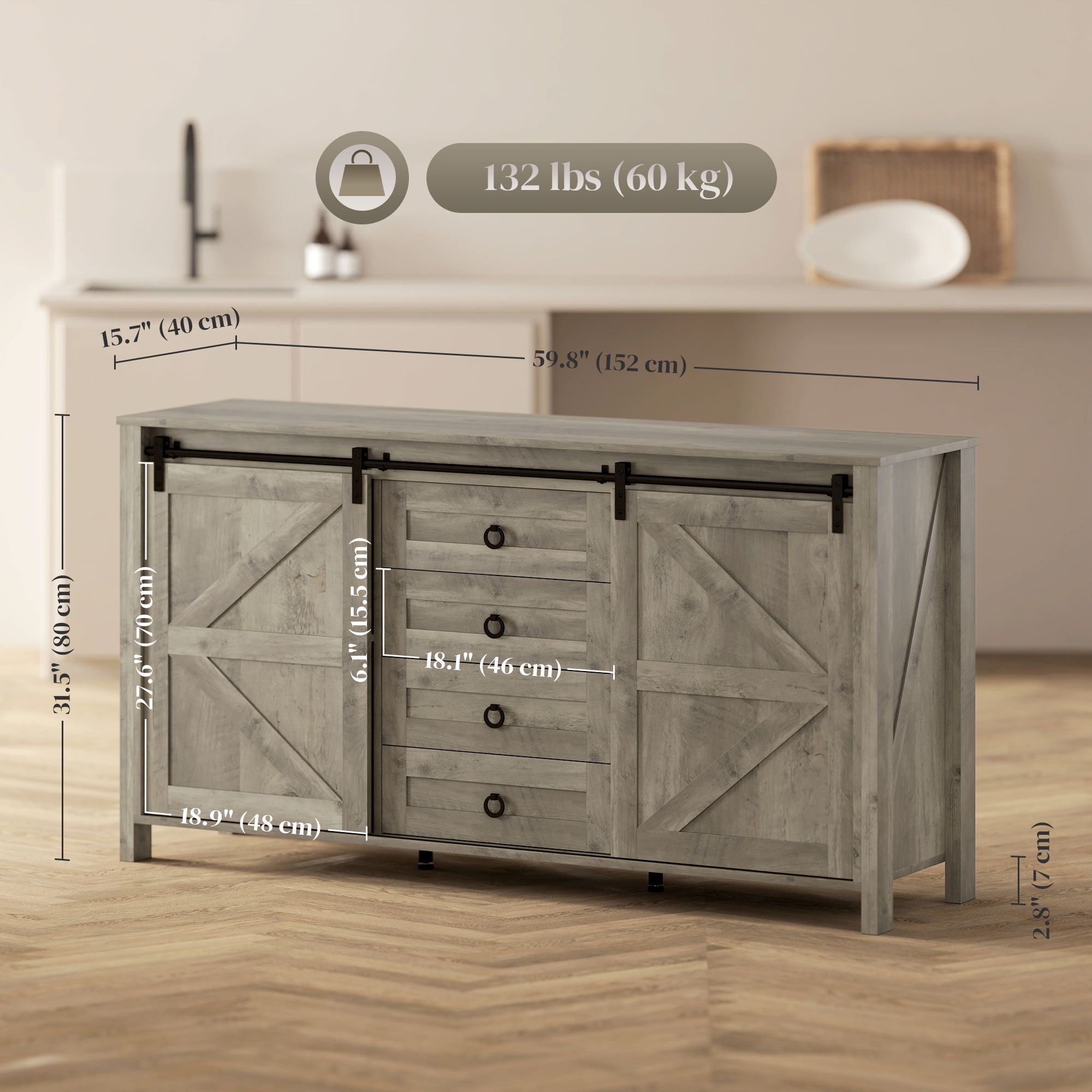 60" Farmhouse Buffet Cabinet - Distressed Light Grey-DECOROLALA