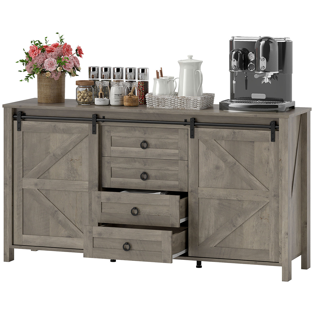 60" Farmhouse Buffet Cabinet - Distressed Light Grey-DECOROLALA