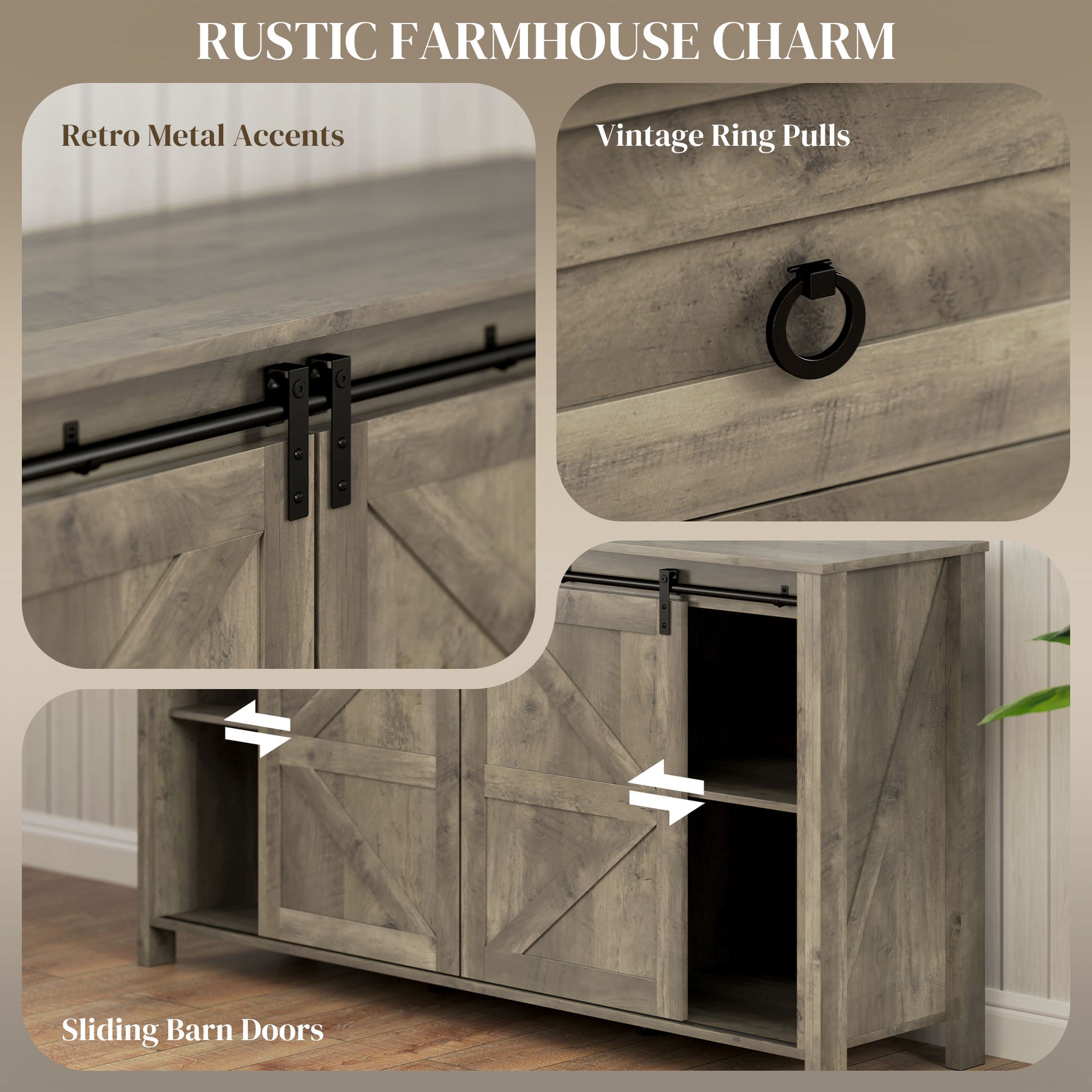 60" Farmhouse Buffet Cabinet - Distressed Light Grey-DECOROLALA