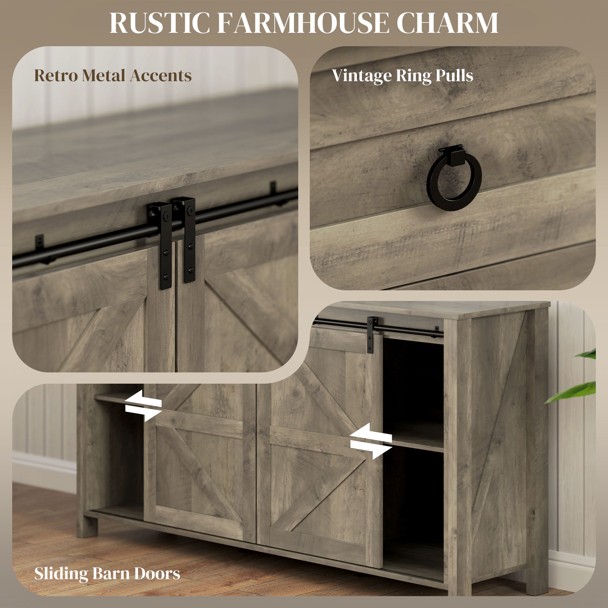 60" Farmhouse Buffet Cabinet - Distressed Light Grey-DECOROLALA