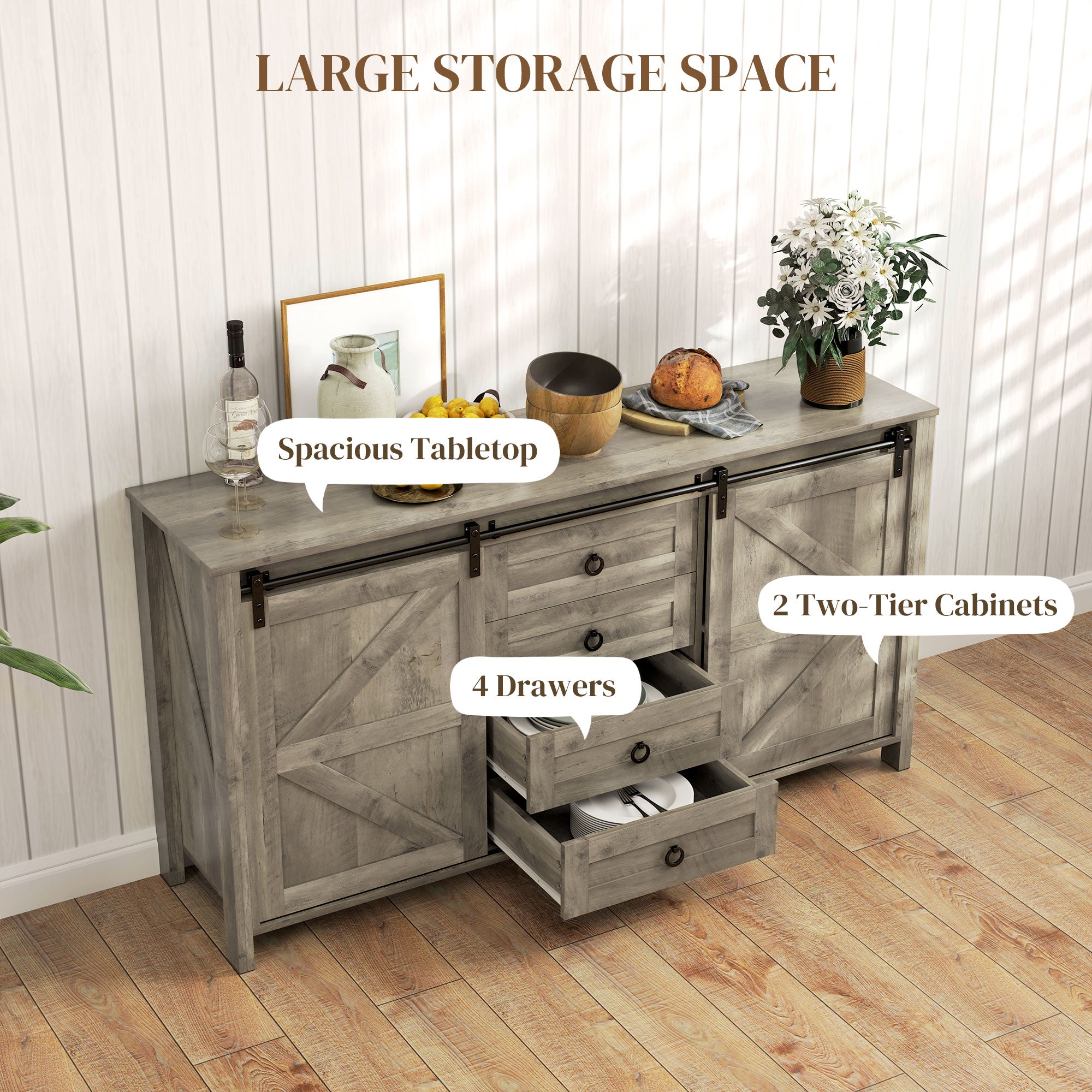 60" Farmhouse Buffet Cabinet - Distressed Light Grey-DECOROLALA