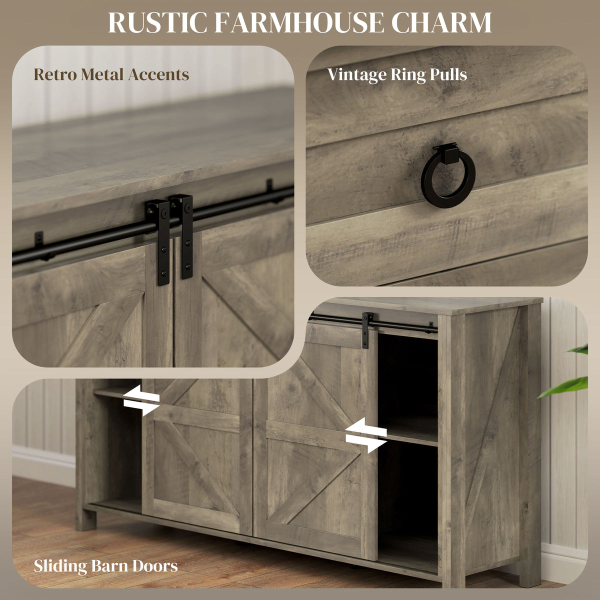 60" Farmhouse Buffet Cabinet - Distressed Light Grey-DECOROLALA