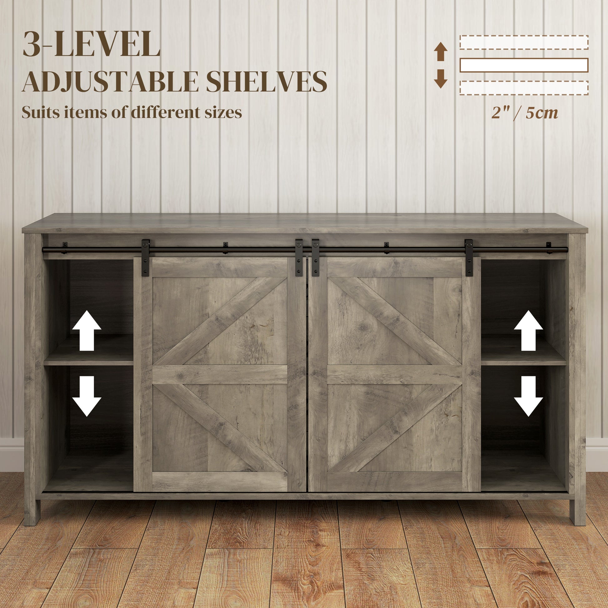 60" Farmhouse Buffet Cabinet - Distressed Light Grey-DECOROLALA