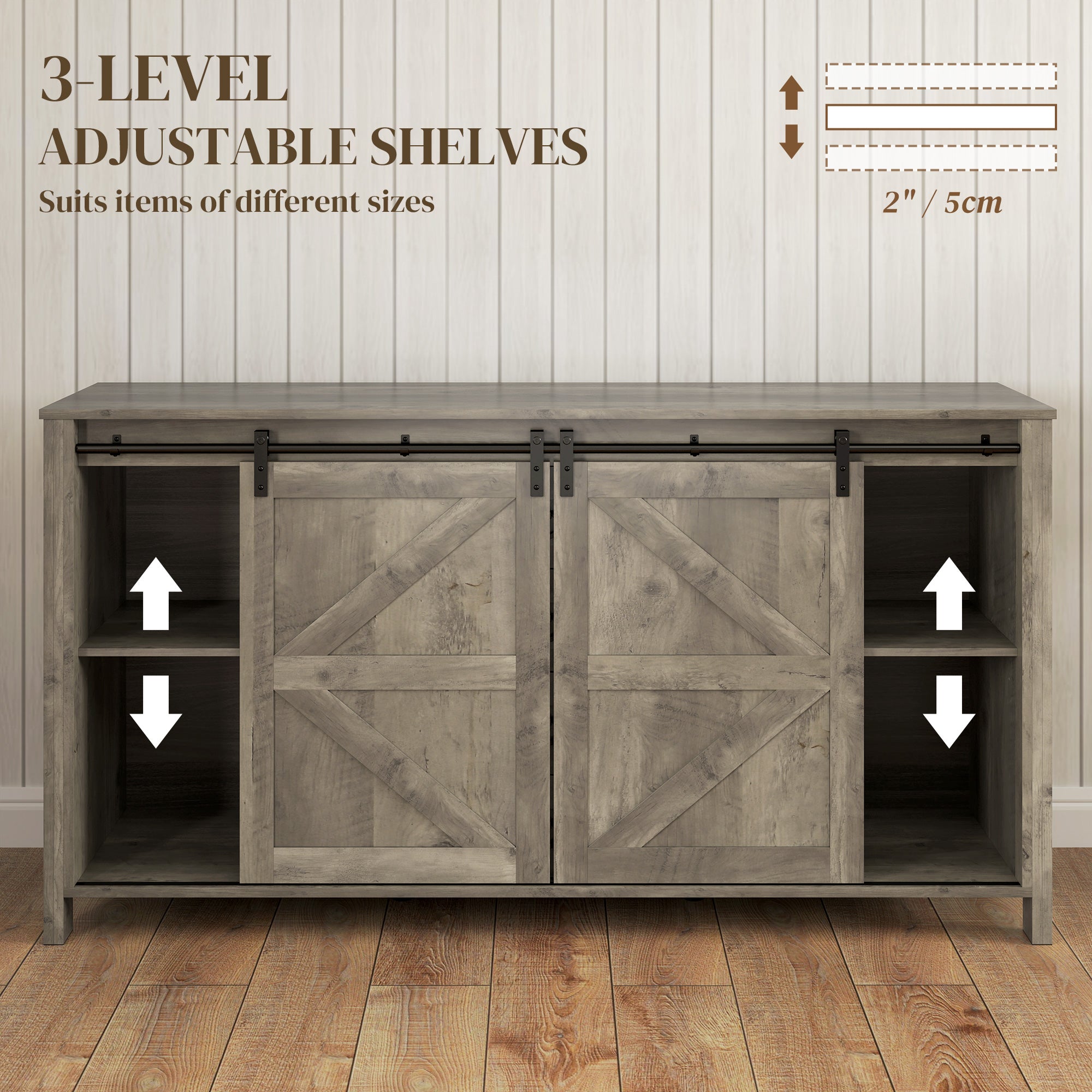 60" Farmhouse Buffet Cabinet - Distressed Light Grey-DECOROLALA