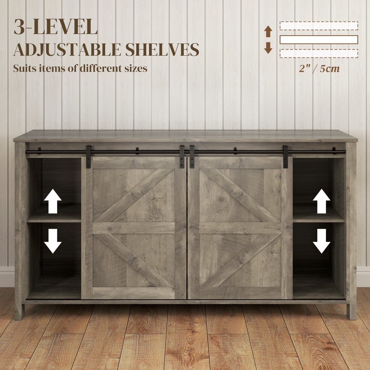 60" Farmhouse Buffet Cabinet - Distressed Light Grey-DECOROLALA